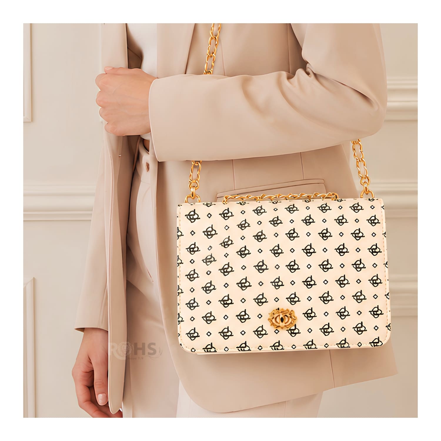 CARTERA ELEGANTE PARA MUJER CON CORREA DE CADENA Y DISEÑO CREMA - 6