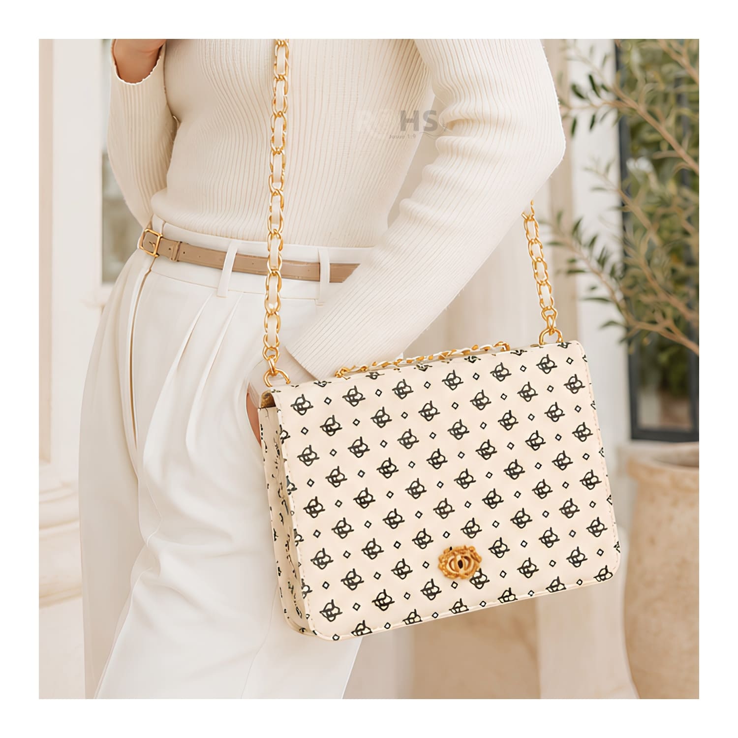 CARTERA ELEGANTE PARA MUJER CON CORREA DE CADENA Y DISEÑO CREMA - 7