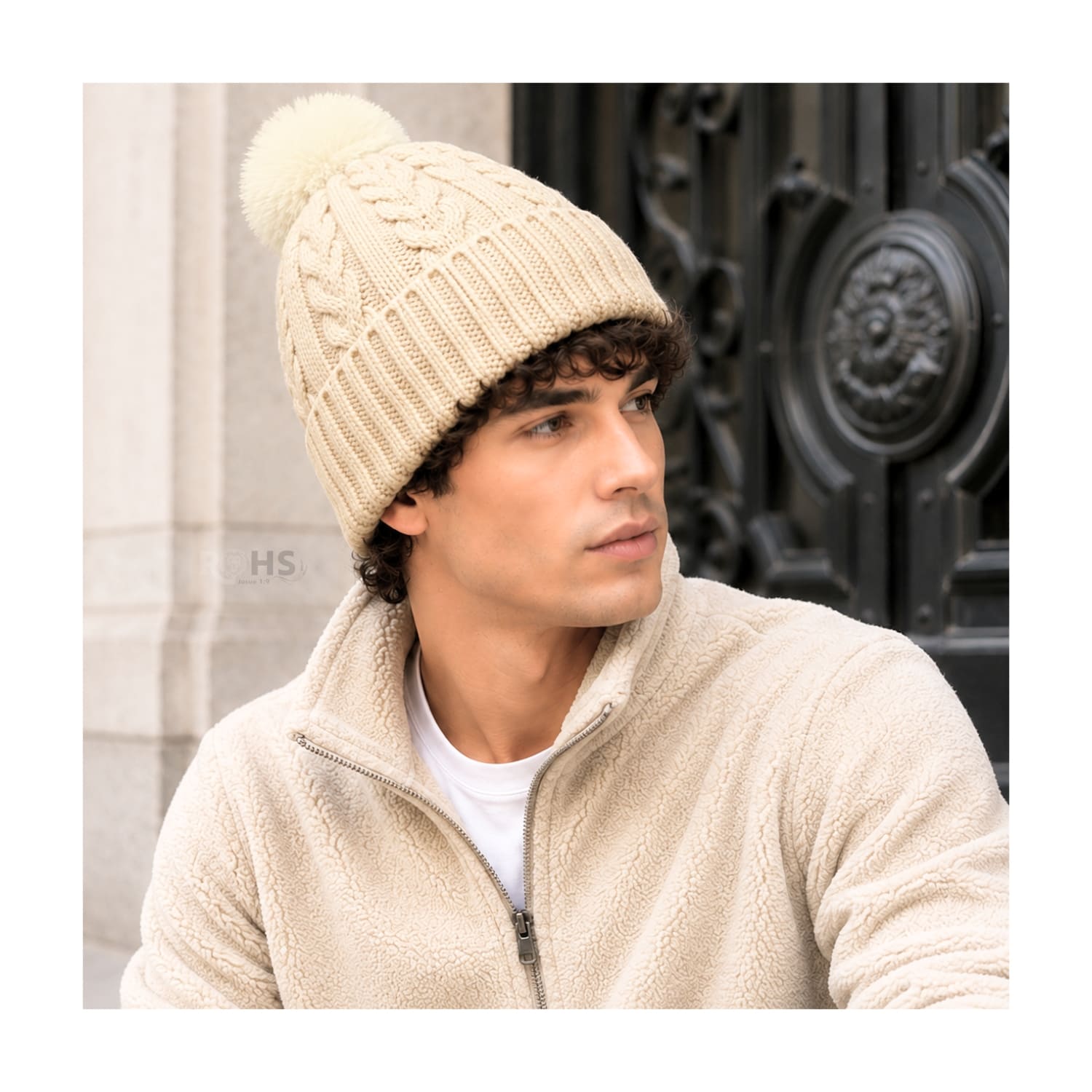 GORRO CON POMPÓN TEJIDO POLIÉSTER PARA INVIERNO COLOR BEIGE - 7