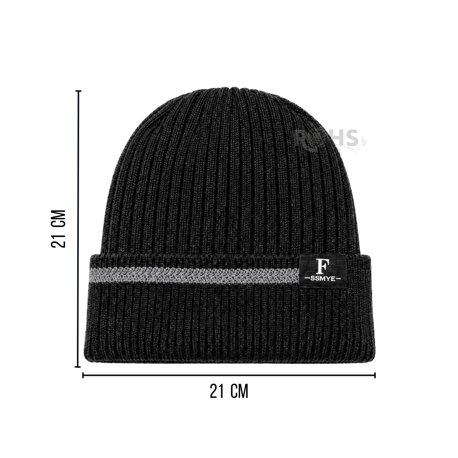 GORRO TEJIDO POLIÉSTER JASPEADO CON RAYA DECORATIVA PARA INVIERNO COLOR NEGRO - 3