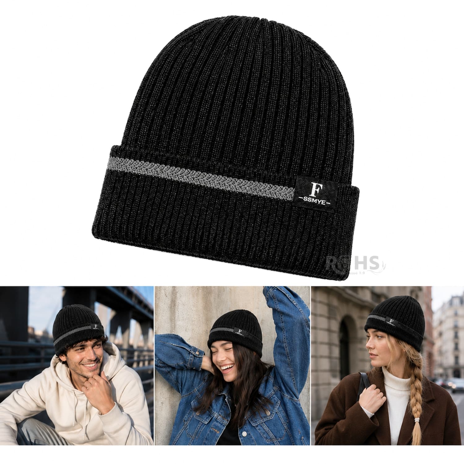 GORRO TEJIDO POLIÉSTER JASPEADO CON RAYA DECORATIVA PARA INVIERNO COLOR NEGRO - 5