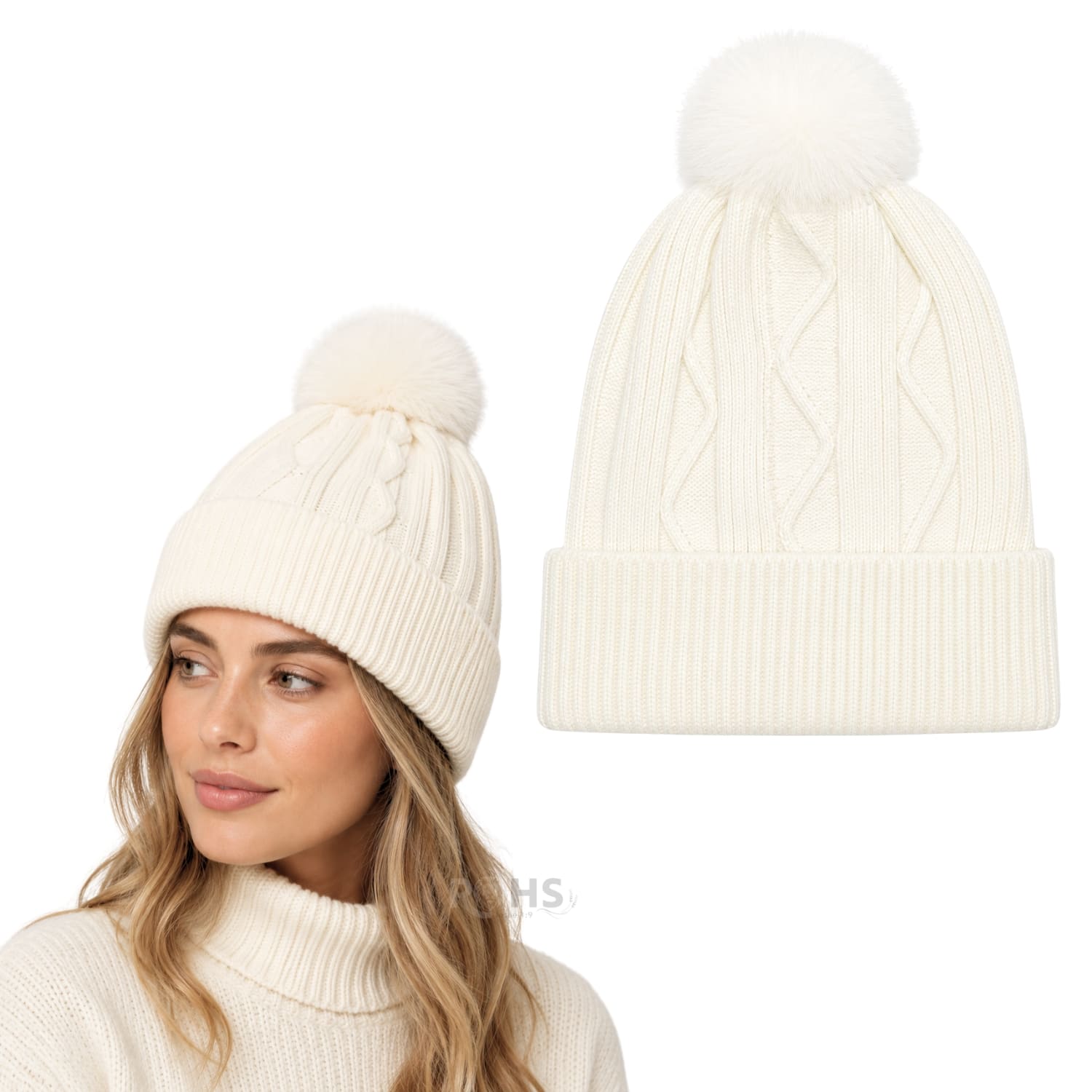 GORRO TEJIDO CON POMPÓN DISEÑO TEXTURIZADO PARA INVIERNO COLOR CREMA - 1