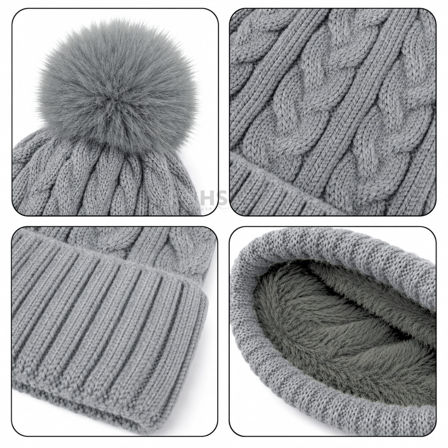 GORRO CON POMPÓN TEJIDO POLIÉSTER PARA INVIERNO COLOR GRIS CLARO - 4