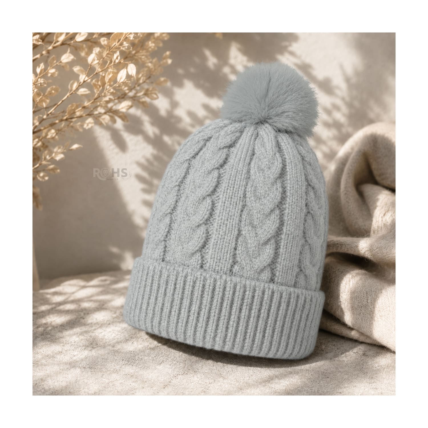 GORRO CON POMPÓN TEJIDO POLIÉSTER PARA INVIERNO COLOR GRIS CLARO - 6