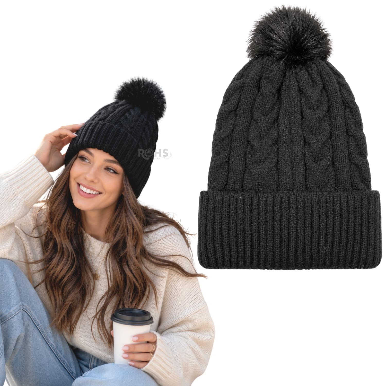 GORRO CON POMPÓN TEJIDO POLIÉSTER PARA INVIERNO COLOR NEGRO - 1