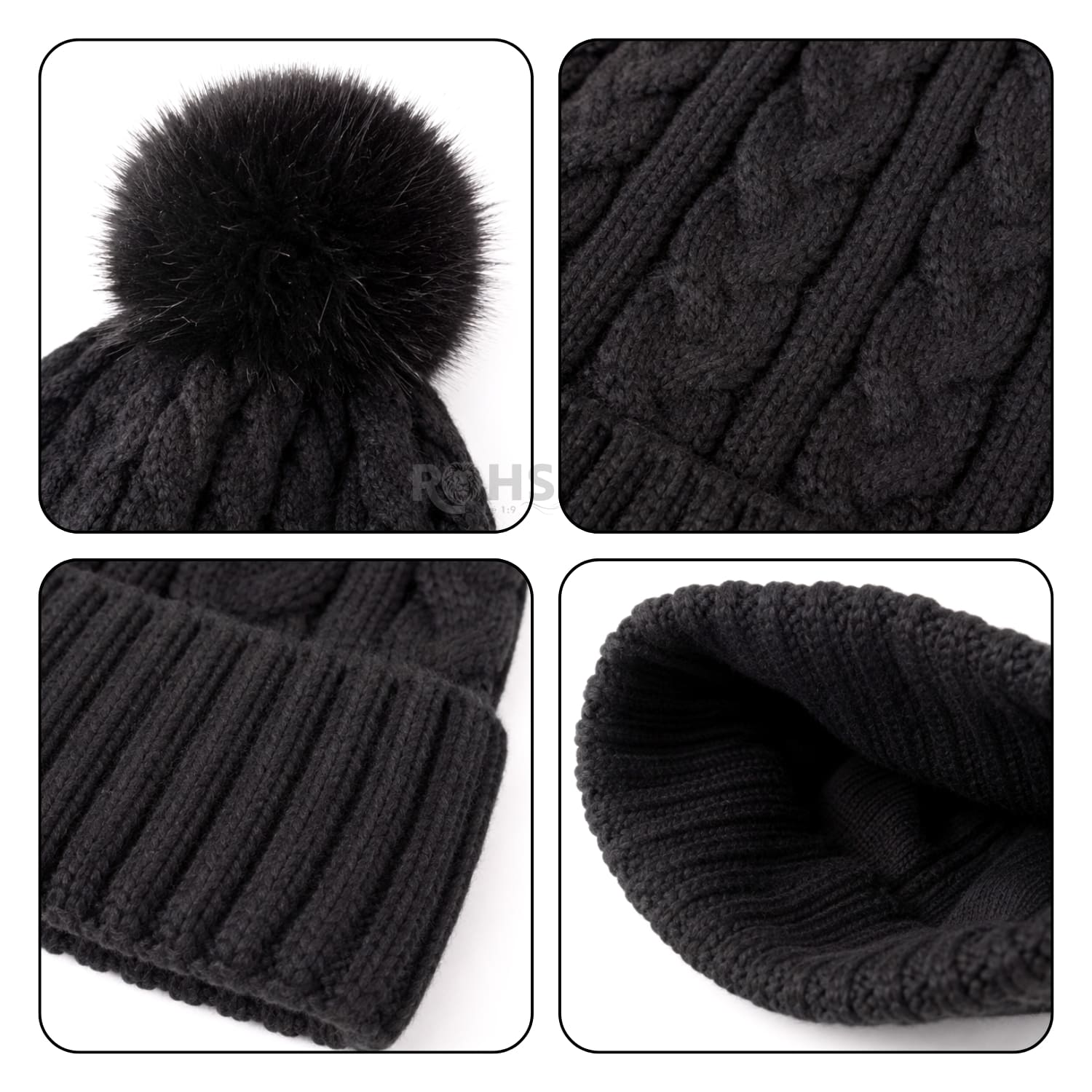 GORRO CON POMPÓN TEJIDO POLIÉSTER PARA INVIERNO COLOR NEGRO - 4