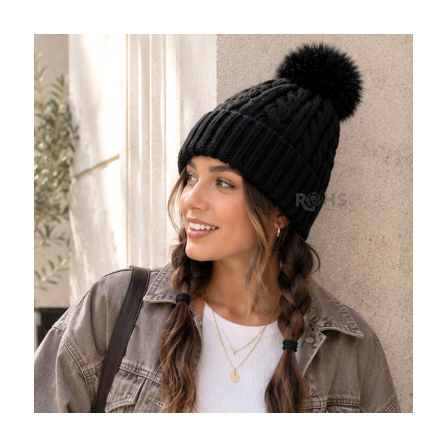GORRO CON POMPÓN TEJIDO POLIÉSTER PARA INVIERNO COLOR NEGRO - 5