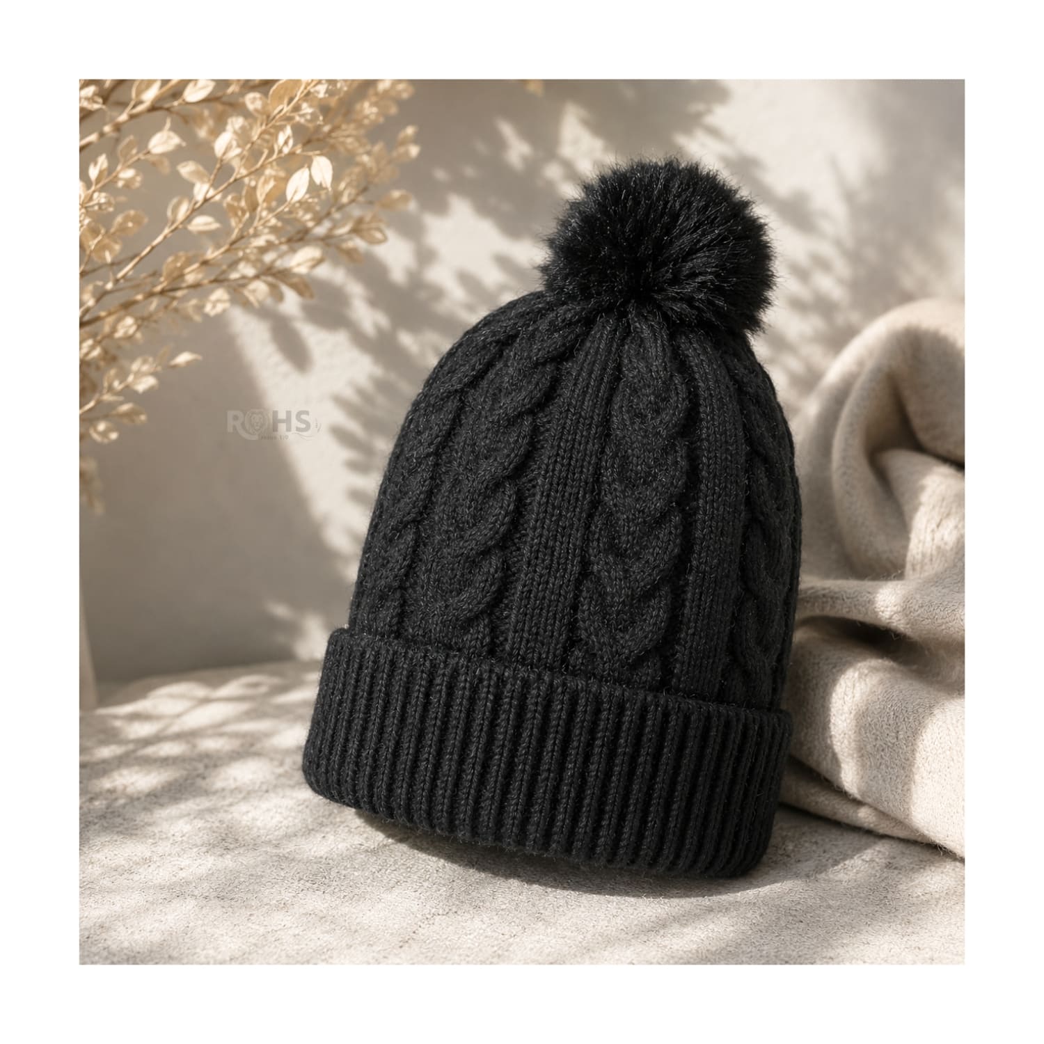 GORRO CON POMPÓN TEJIDO POLIÉSTER PARA INVIERNO COLOR NEGRO - 6