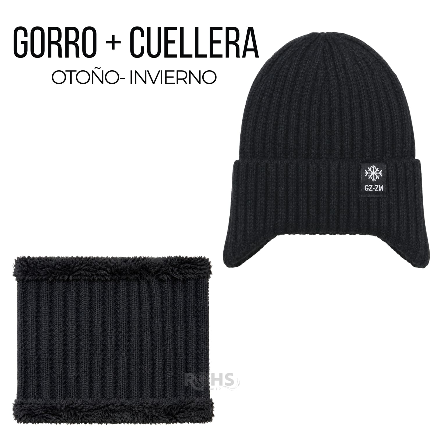 GORRO + CUELLERA POLIÉSTER AFELPADA PARA INVIERNO COLOR NEGRO - 1