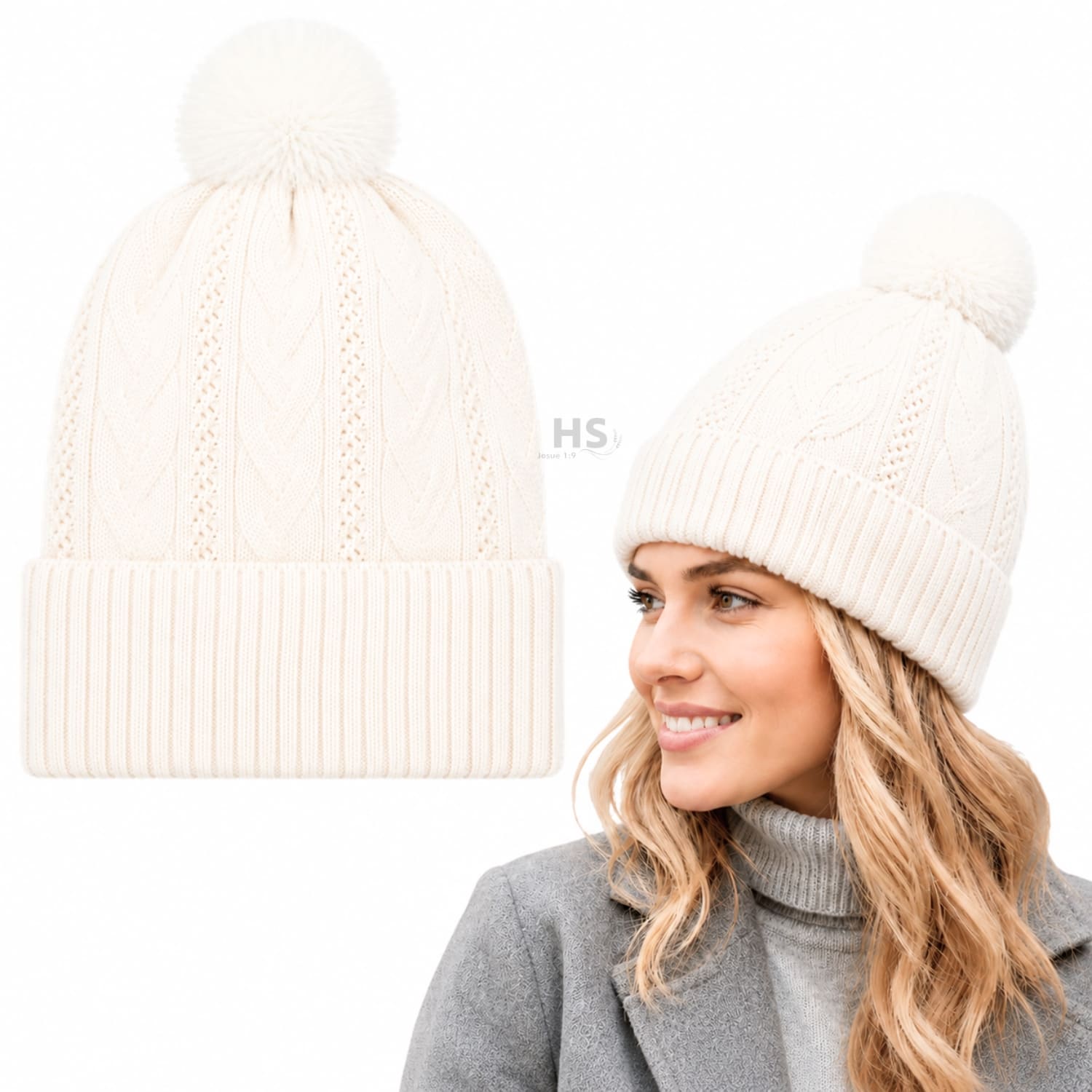 GORRO DE INVIERNO POLIÉSTER CON POMPÓN TEXTURIZADO COLOR BLANCO MARFIL - 1