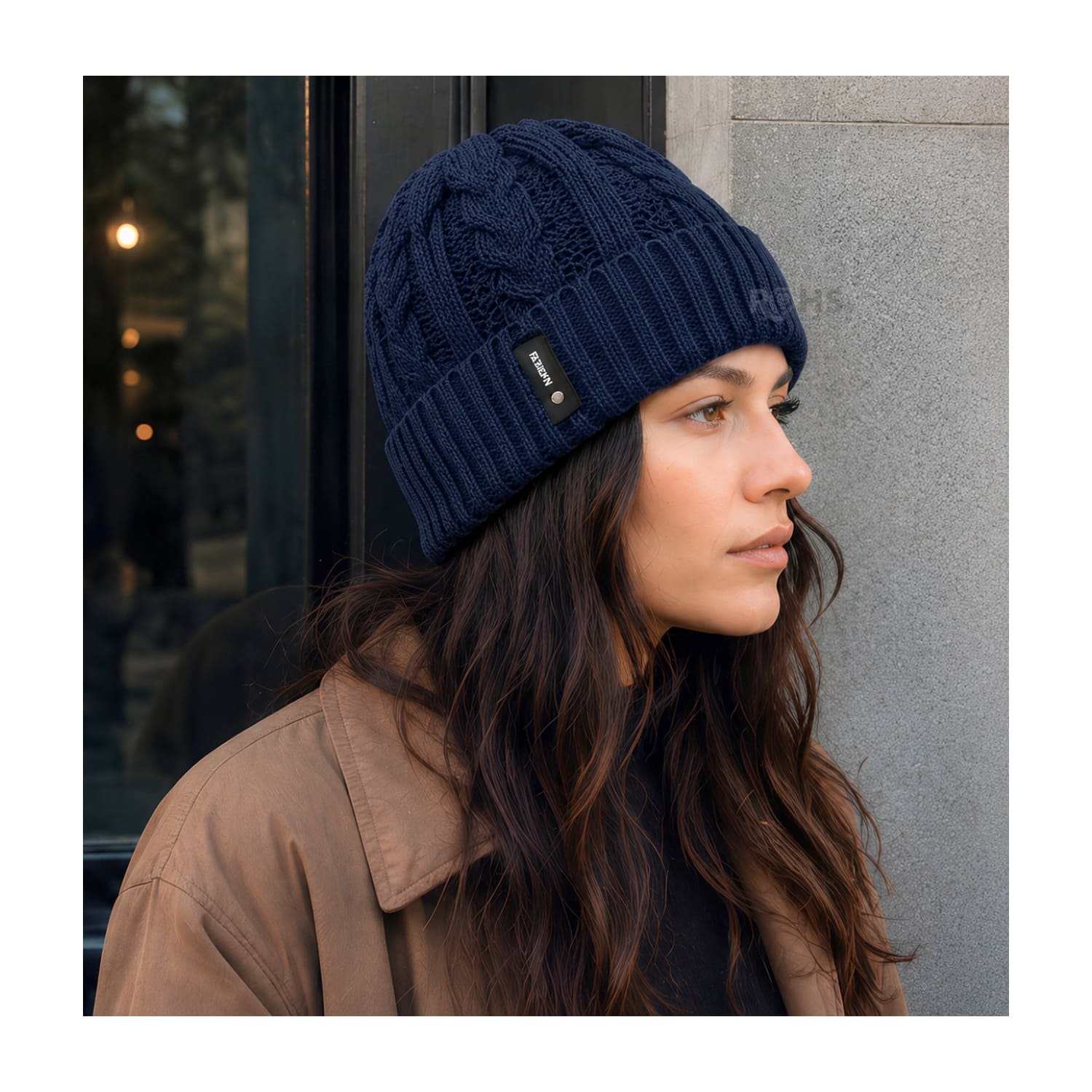 GORRO TEJIDO POLIÉSTER DISEÑO TRENZADO PARA INVIERNO COLOR AZUL MARINO - 3