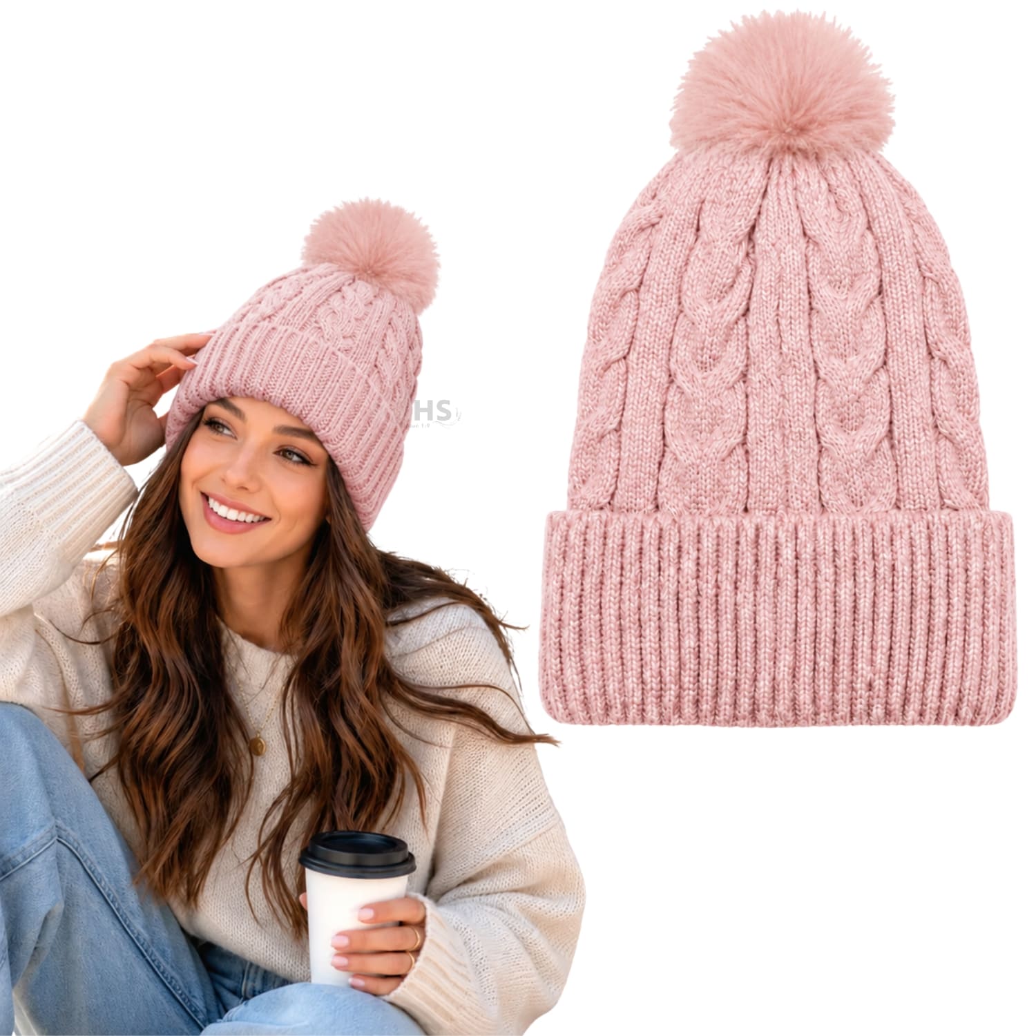 GORRO CON POMPÓN TEJIDO POLIÉSTER PARA INVIERNO COLOR ROSADO BEBÉ - 1