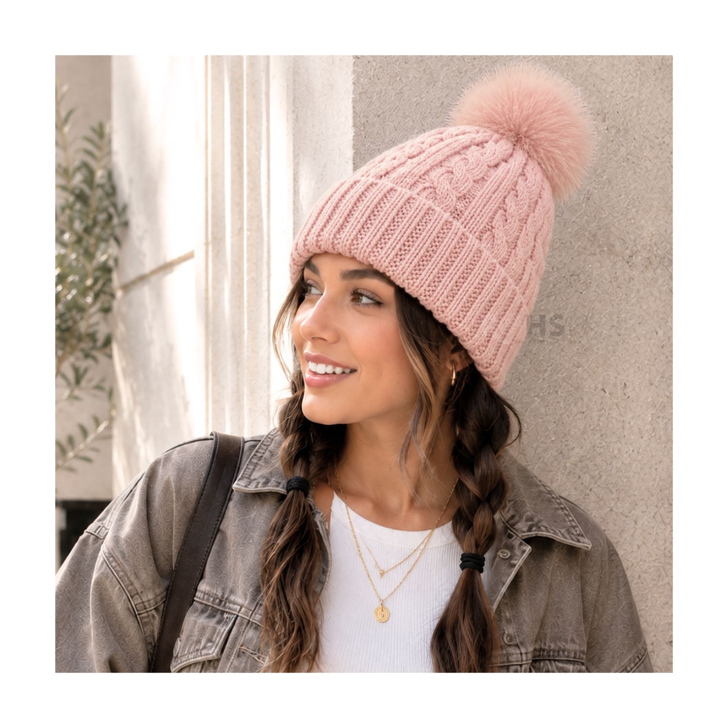 GORRO CON POMPÓN TEJIDO POLIÉSTER PARA INVIERNO COLOR ROSADO BEBÉ - 5
