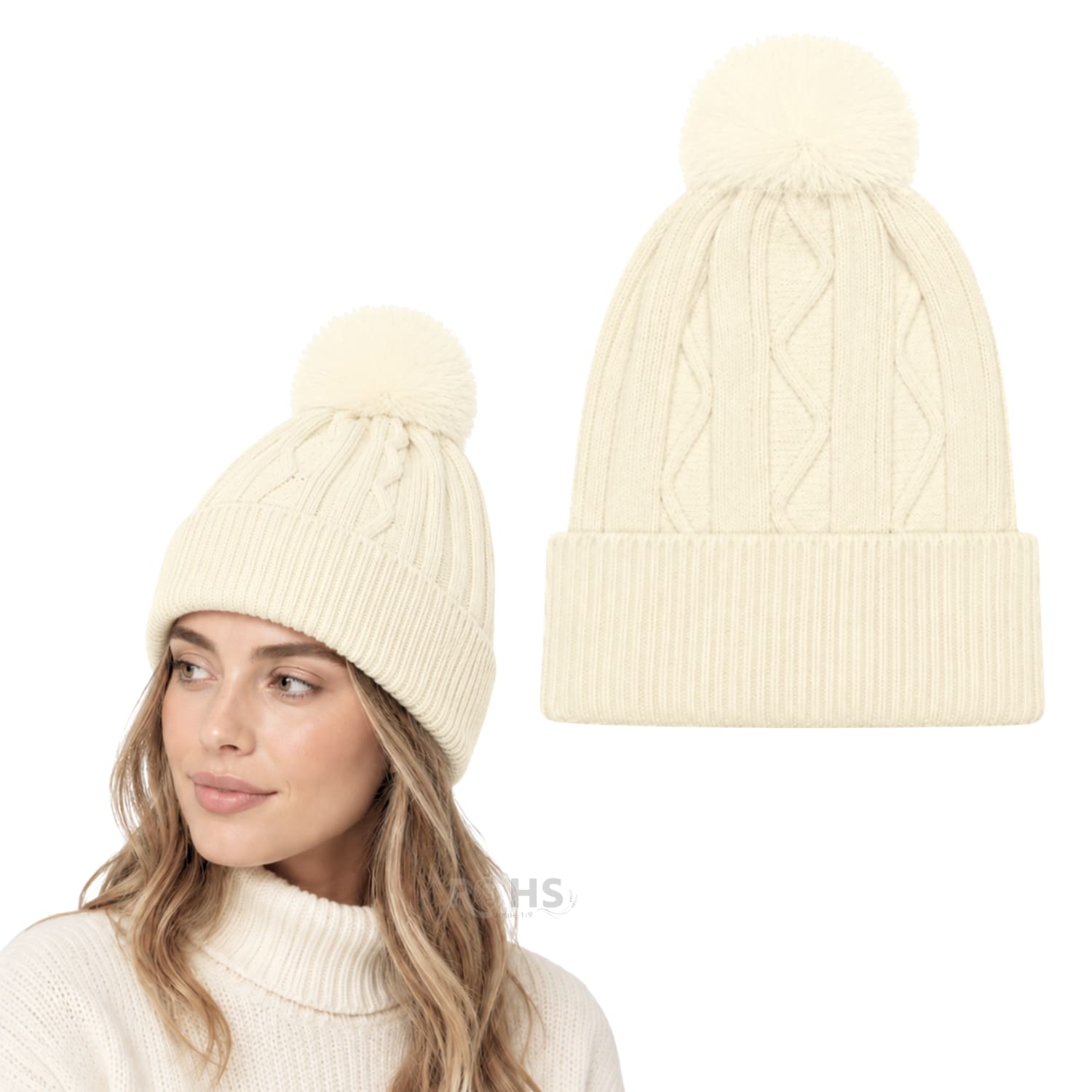 GORRO TEJIDO CON POMPÓN DISEÑO TEXTURIZADO PARA INVIERNO COLOR BEIGE - 1