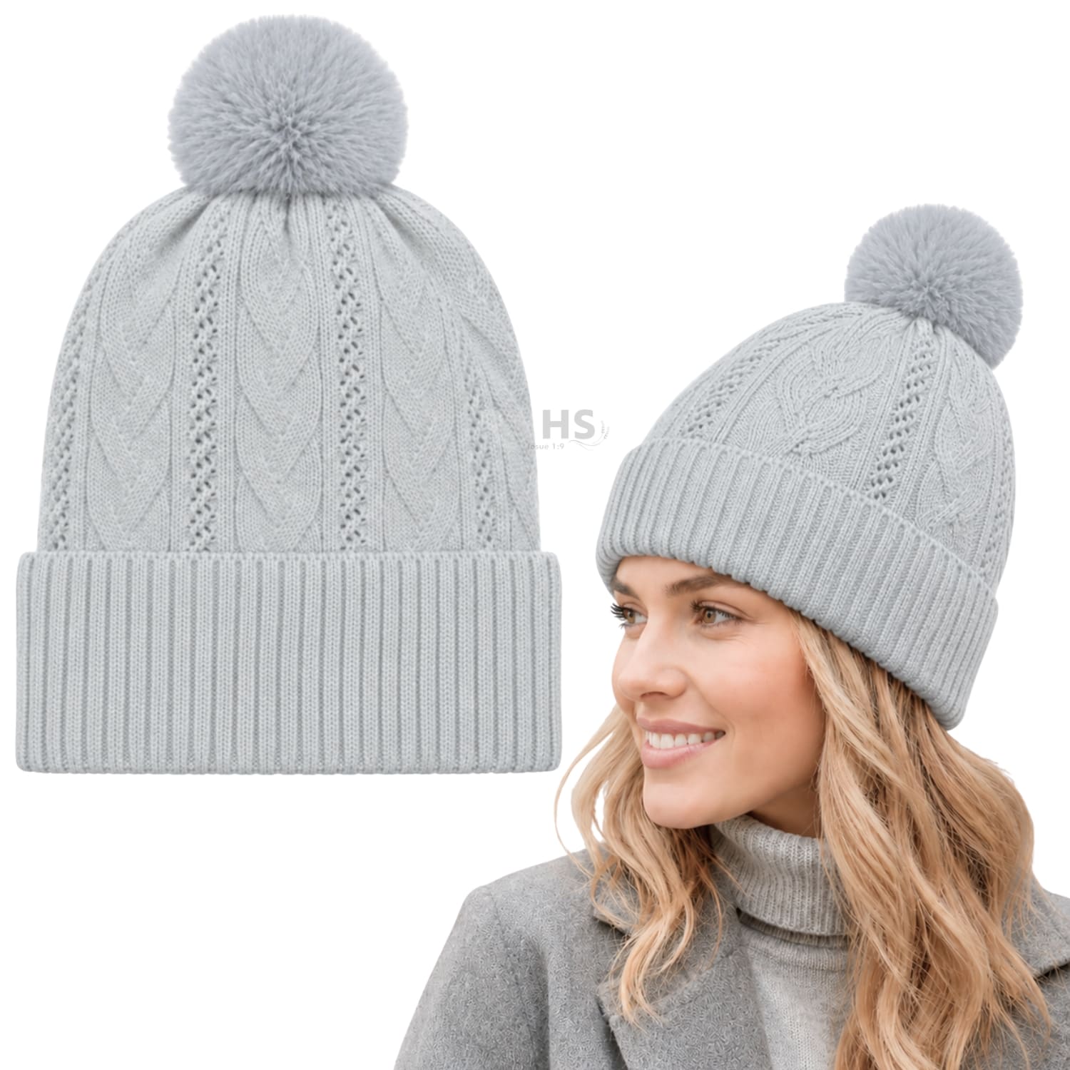 GORRO DE INVIERNO POLIÉSTER CON POMPÓN TEXTURIZADO COLOR GRIS CLARO - 1