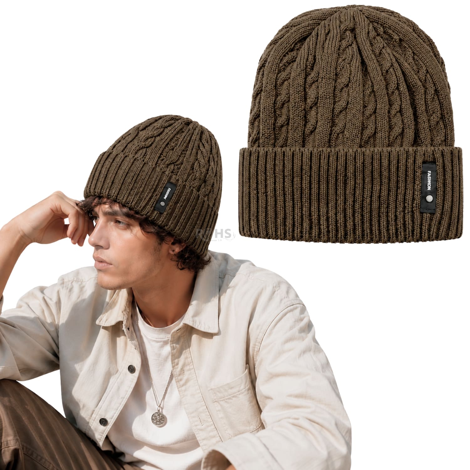 GORRO TEJIDO POLIÉSTER DISEÑO TRENZADO PARA INVIERNO COLOR MARRÓN - 1