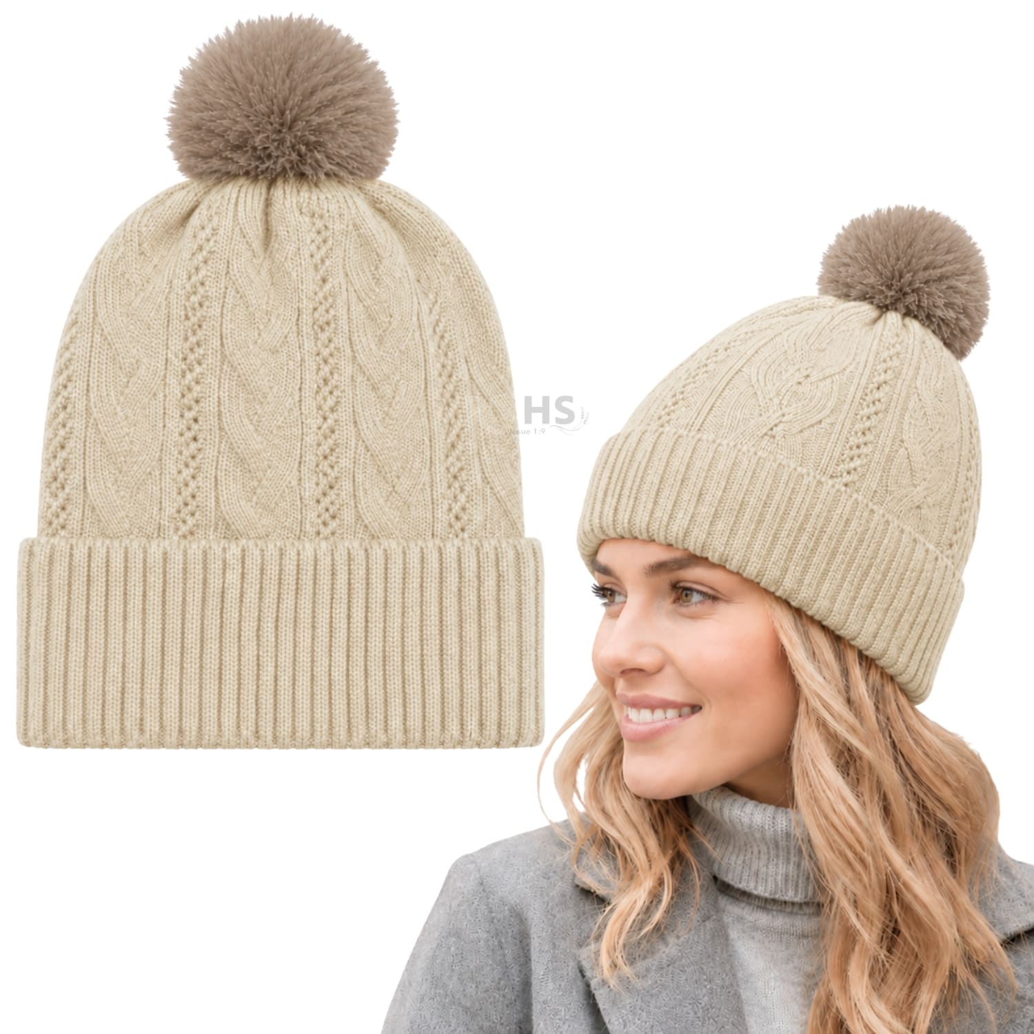 GORRO DE INVIERNO POLIÉSTER CON POMPÓN TEXTURIZADO COLOR BEIGE CLARO - 1