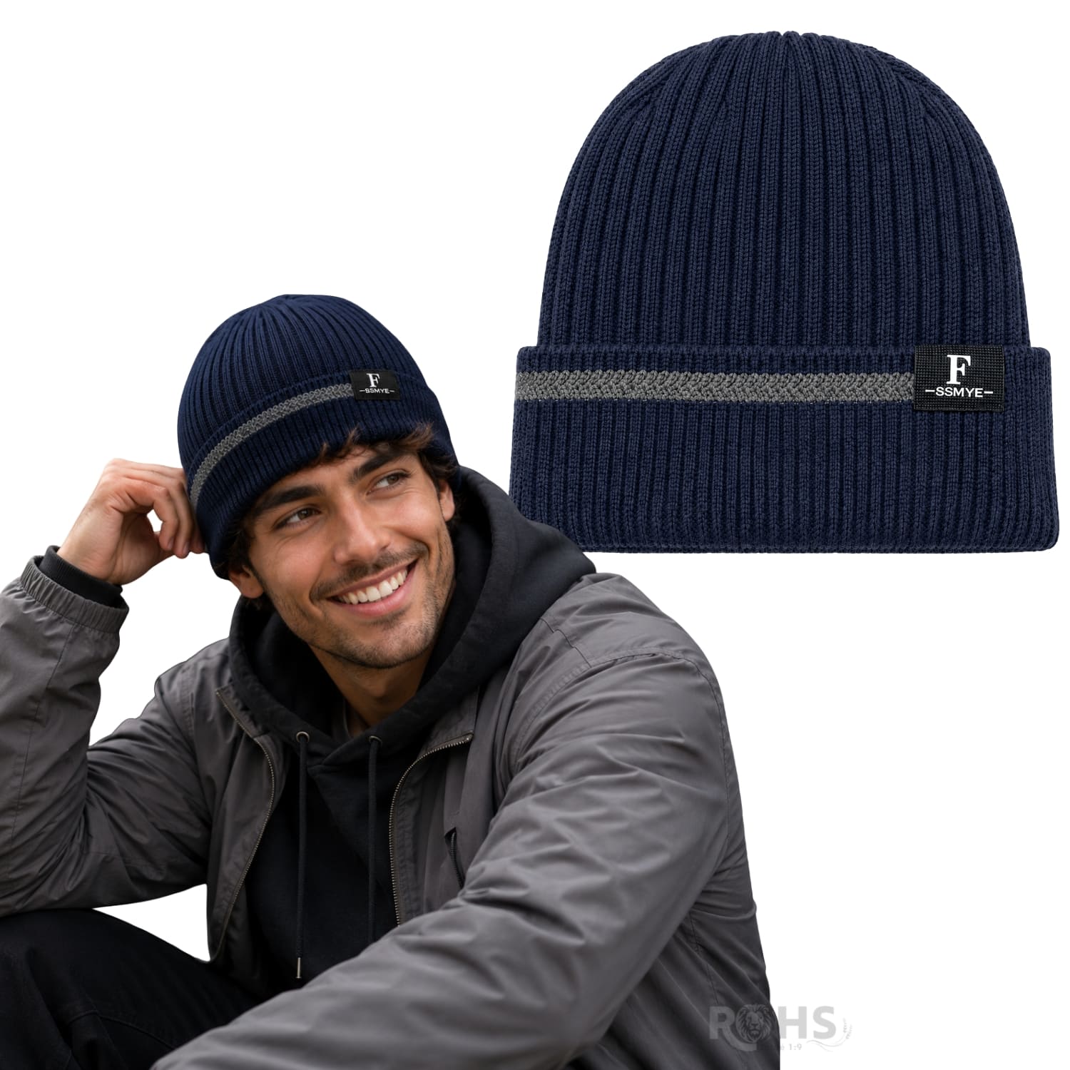 GORRO TEJIDO POLIÉSTER CON RAYA DECORATIVA PARA INVIERNO COLOR AZUL MARINO - 1