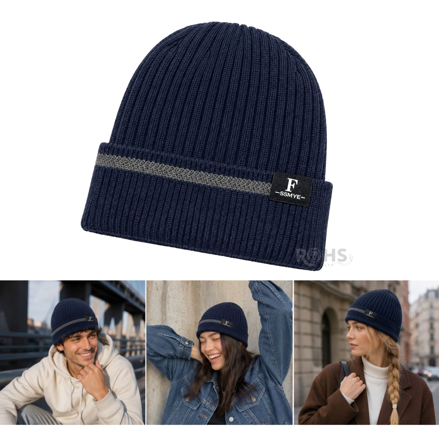 GORRO TEJIDO POLIÉSTER CON RAYA DECORATIVA PARA INVIERNO COLOR AZUL MARINO - 5