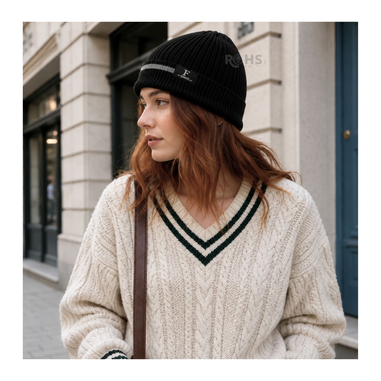 GORRO TEJIDO POLIÉSTER CON RAYA DECORATIVA PARA INVIERNO COLOR NEGRO - 7