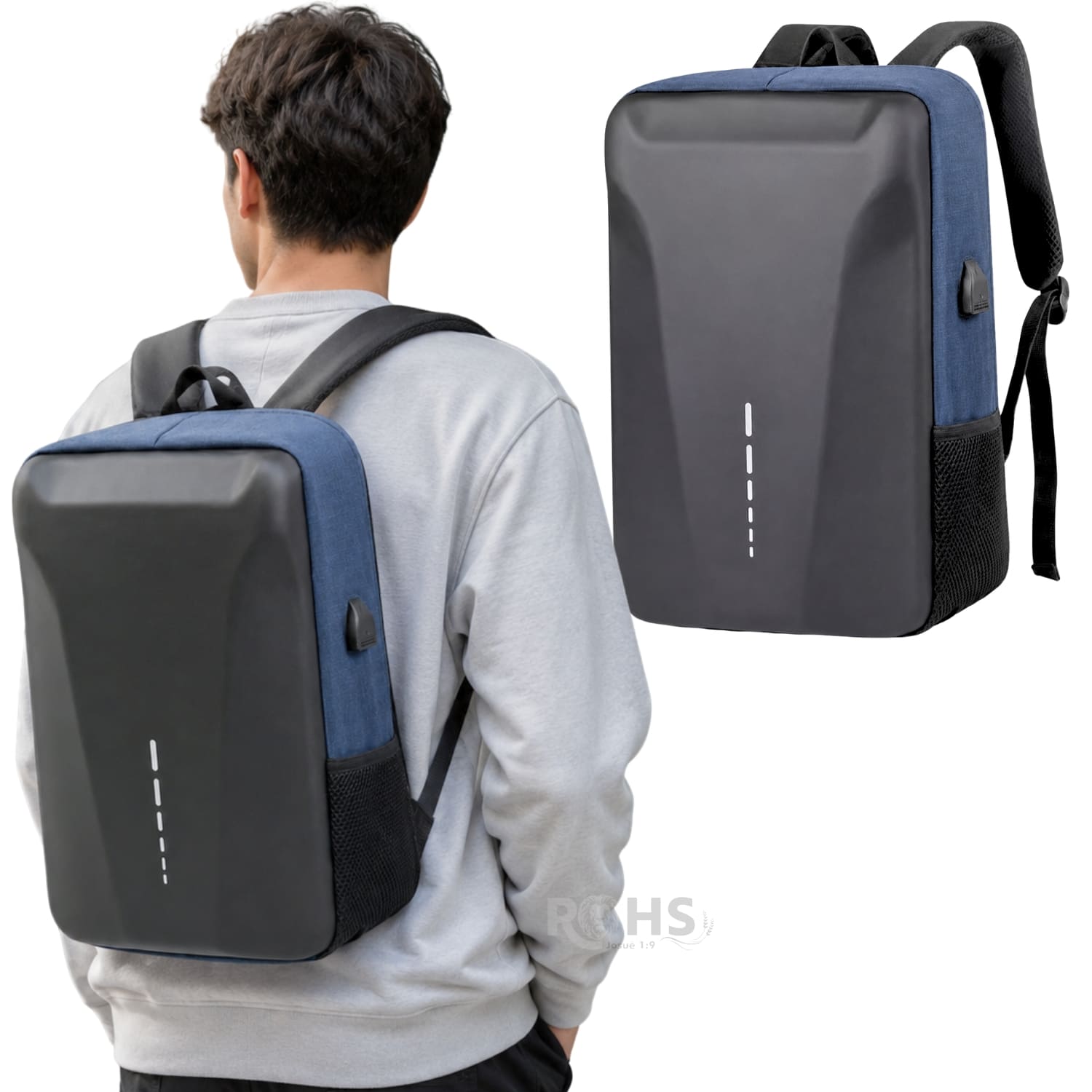 MOCHILA ANTIRROBO IMPERMEABLE AZUL CON CLAVE DE SEGURIDAD Y PUERTO USB - 1
