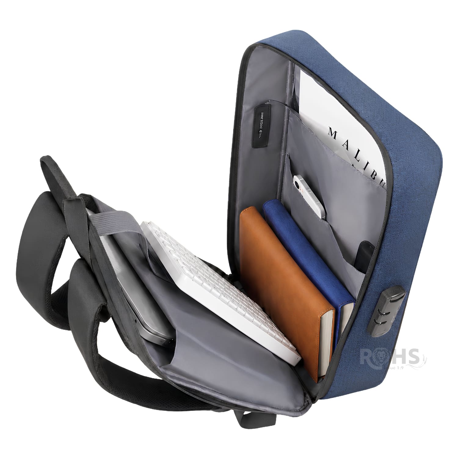 MOCHILA ANTIRROBO IMPERMEABLE AZUL CON CLAVE DE SEGURIDAD Y PUERTO USB - 2