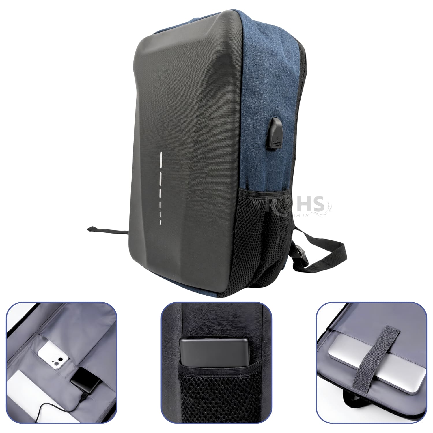 MOCHILA ANTIRROBO IMPERMEABLE AZUL CON CLAVE DE SEGURIDAD Y PUERTO USB - 4