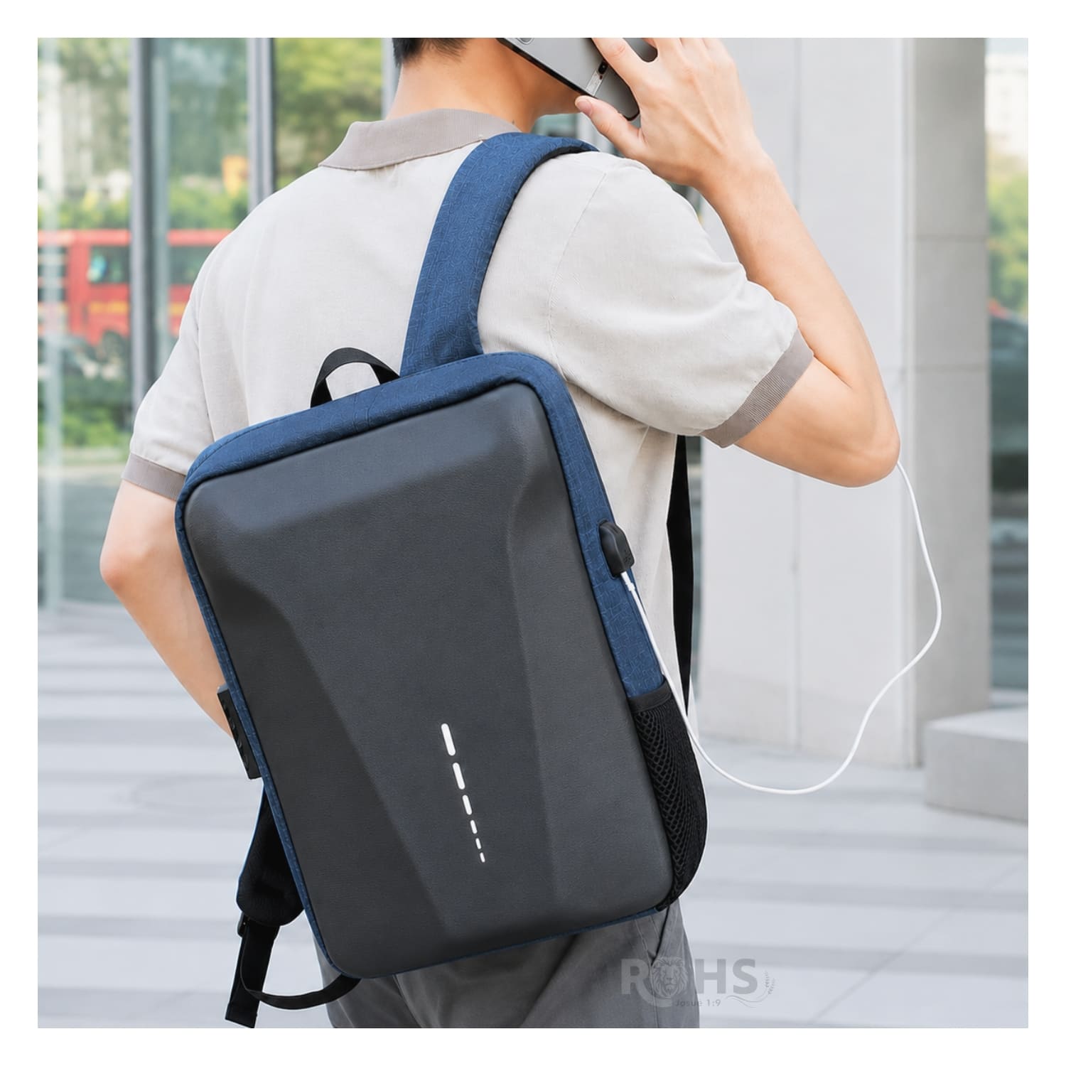 MOCHILA ANTIRROBO IMPERMEABLE AZUL CON CLAVE DE SEGURIDAD Y PUERTO USB - 6