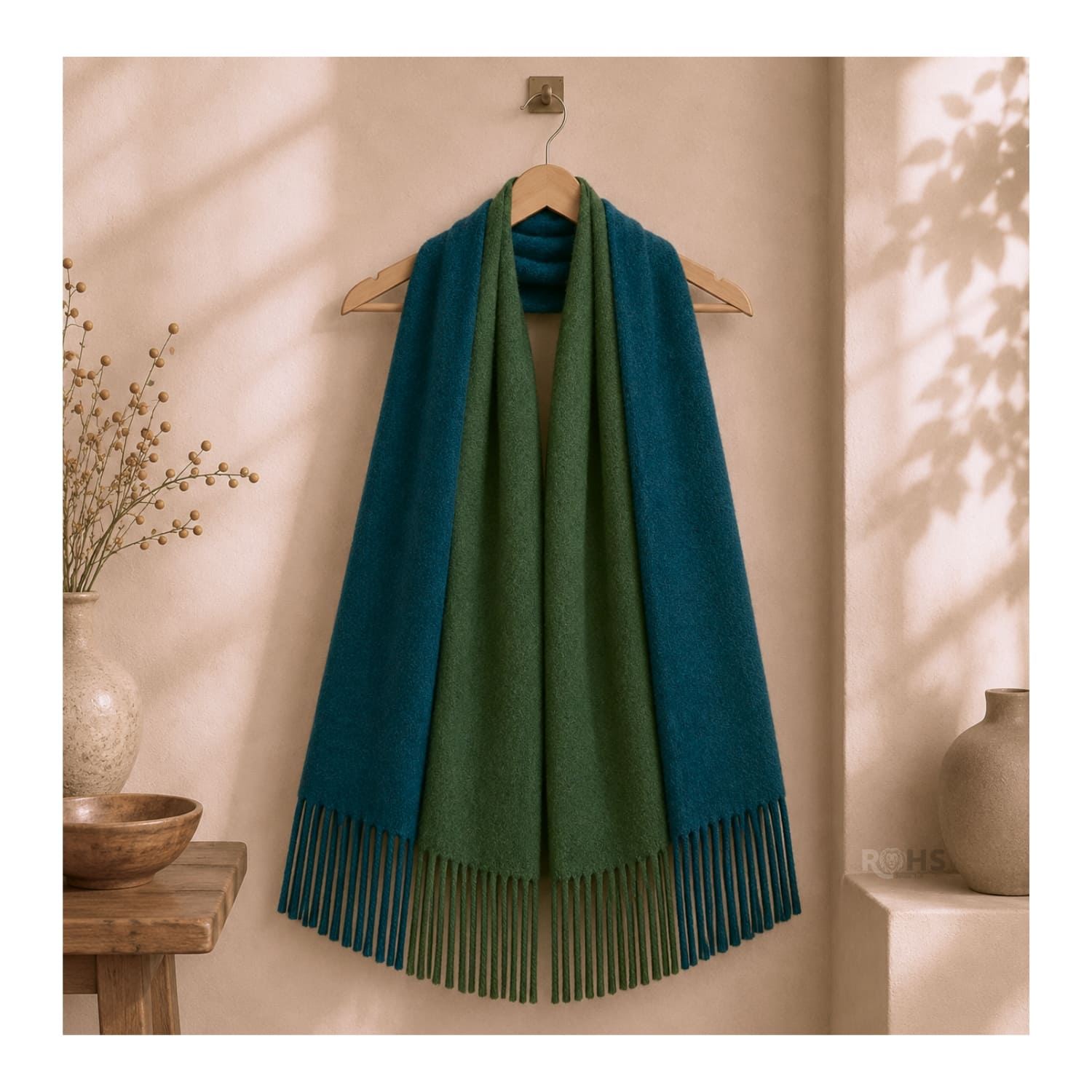 CHALINA REVERSIBLE TEJIDA TONO VERDE OSCURO Y AZUL PETRÓLEO CON FLECOS  196 X 69 CM - 5