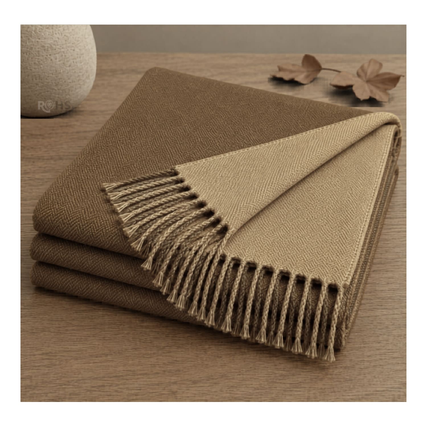 CHALINA REVERSIBLE TEJIDA TONO MARRÓN Y CAFÉ CLARO CON FLECOS  196 X 69 CM - 4