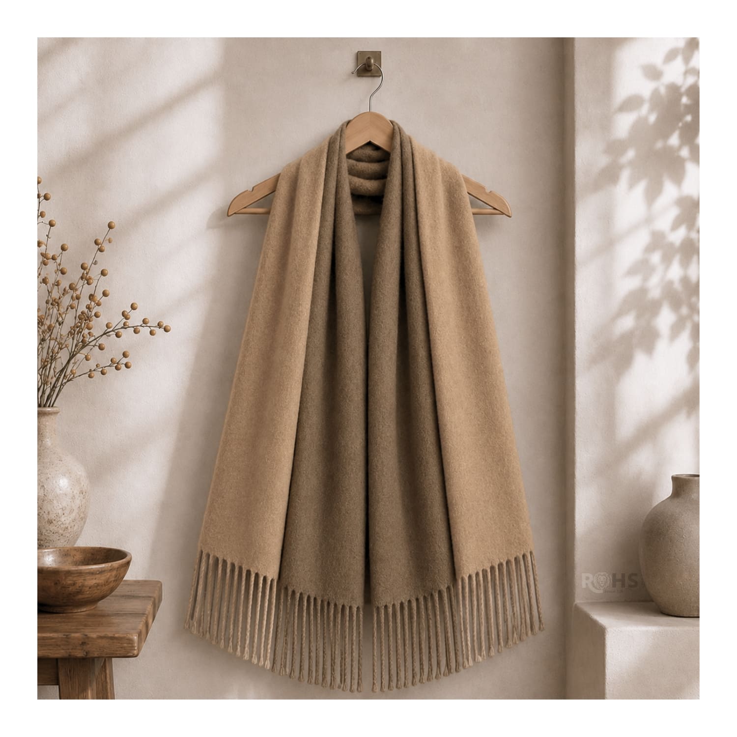 CHALINA REVERSIBLE TEJIDA TONO MARRÓN Y CAFÉ CLARO CON FLECOS  196 X 69 CM - 6