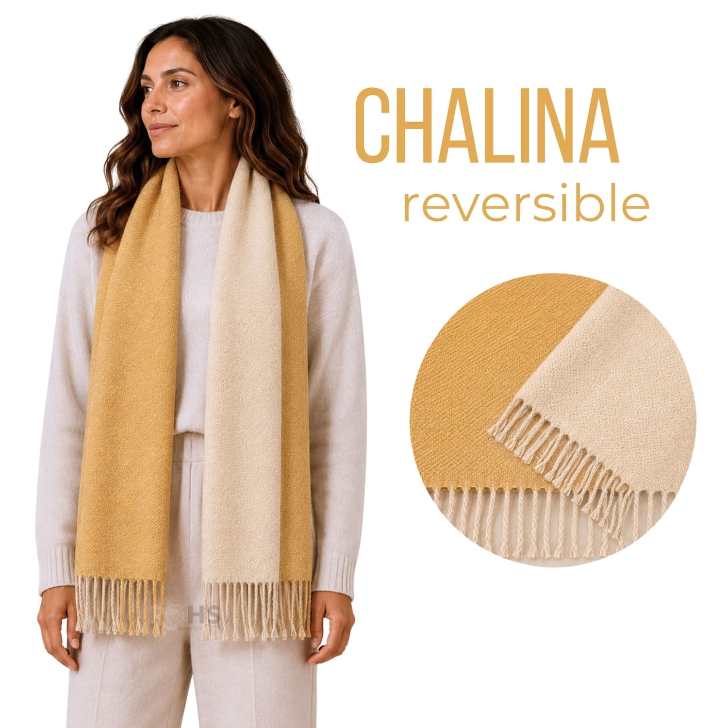 CHALINA REVERSIBLE TEJIDA TONO CREMA Y MOSTAZA CON FLECOS  196 X 69 CM - 1