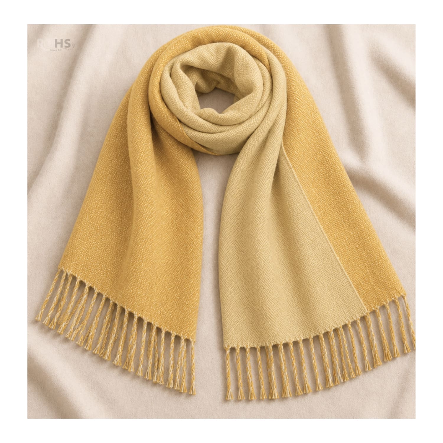 CHALINA REVERSIBLE TEJIDA TONO CREMA Y MOSTAZA CON FLECOS  196 X 69 CM - 3