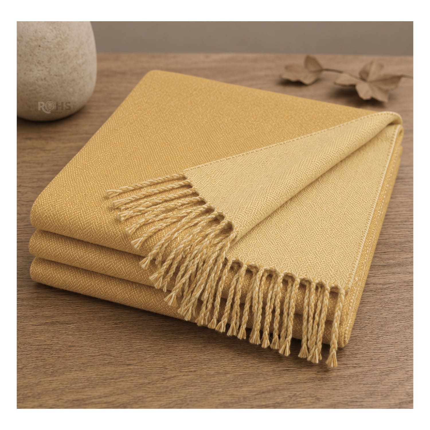 CHALINA REVERSIBLE TEJIDA TONO CREMA Y MOSTAZA CON FLECOS  196 X 69 CM - 4