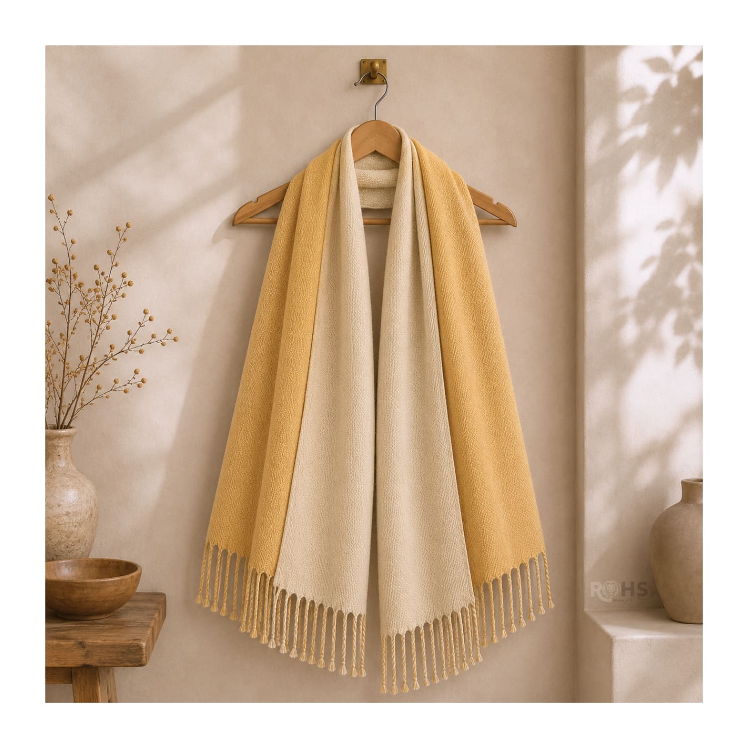 CHALINA REVERSIBLE TEJIDA TONO CREMA Y MOSTAZA CON FLECOS  196 X 69 CM - 6