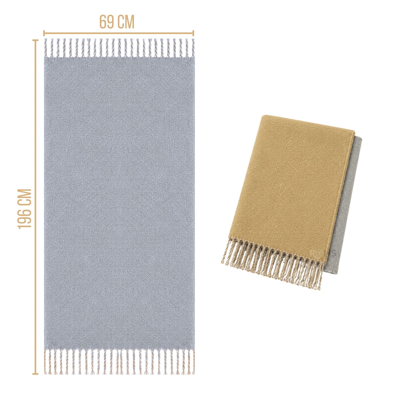 CHALINA REVERSIBLE TEJIDA TONO BEIGE Y GRIS CLARO CON FLECOS 196 X 69 CM - 2