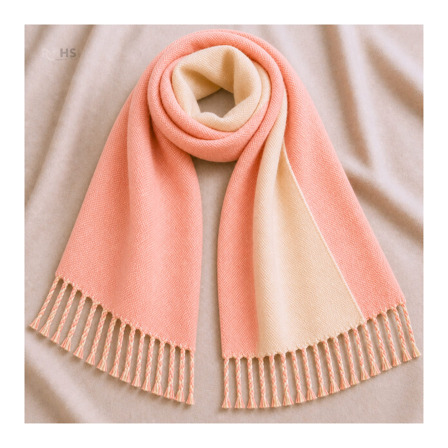 CHALINA REVERSIBLE TEJIDA TONO ROSADO Y CREMA CON FLECOS  196 X 69 CM - 3