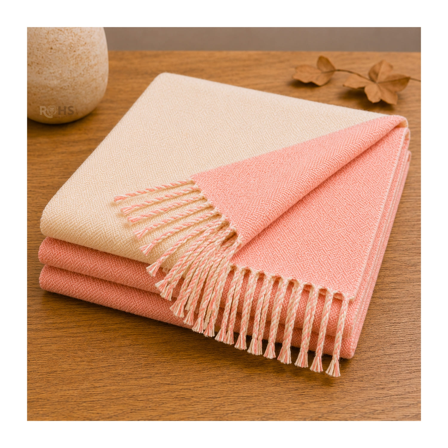 CHALINA REVERSIBLE TEJIDA TONO ROSADO Y CREMA CON FLECOS  196 X 69 CM - 4