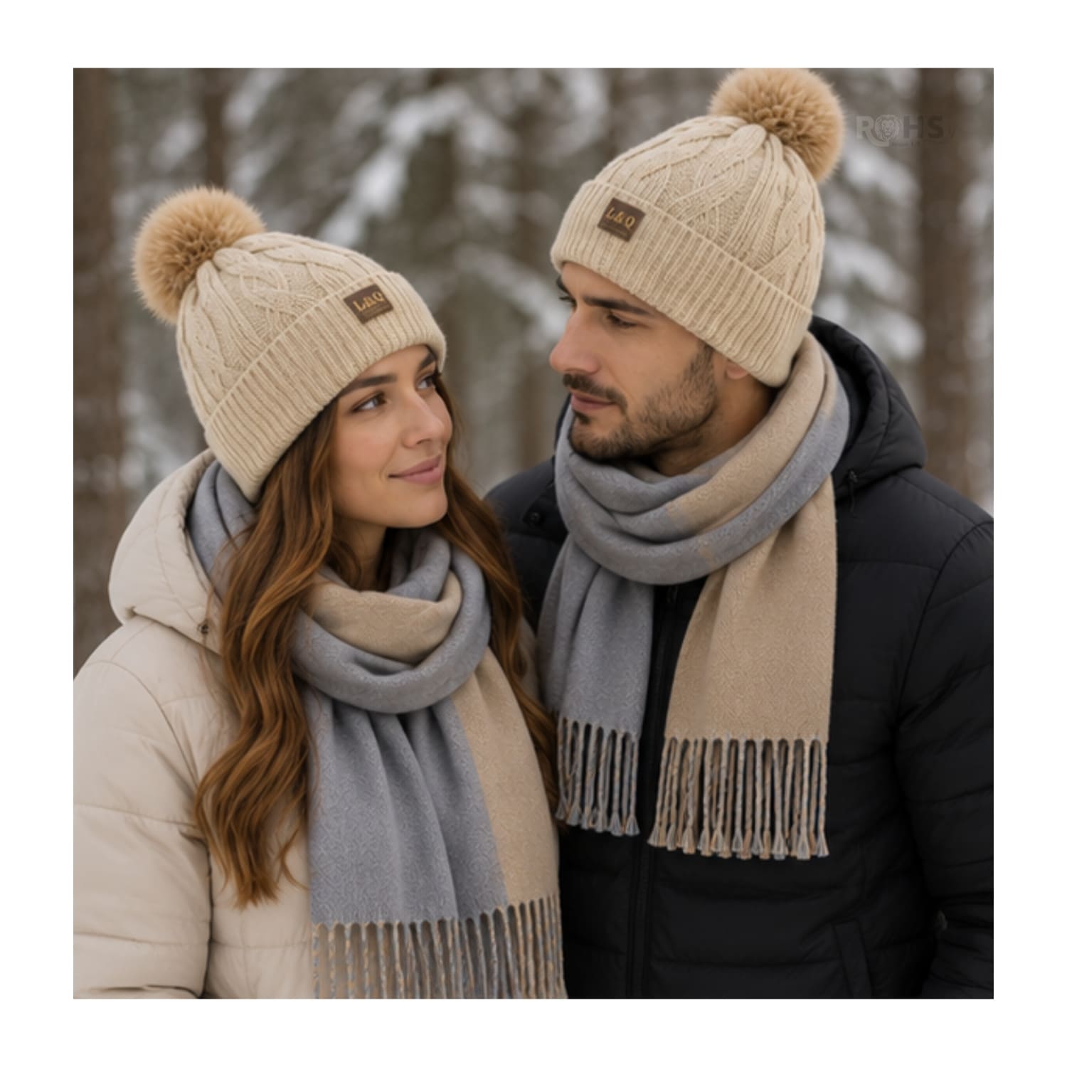 DÚO CHALINA REVERSIBLE TONO BEIGE Y GRIS CLARO Y GORRO TEJIDO CON POMPÓN TONO BEIGE CLARO - 8