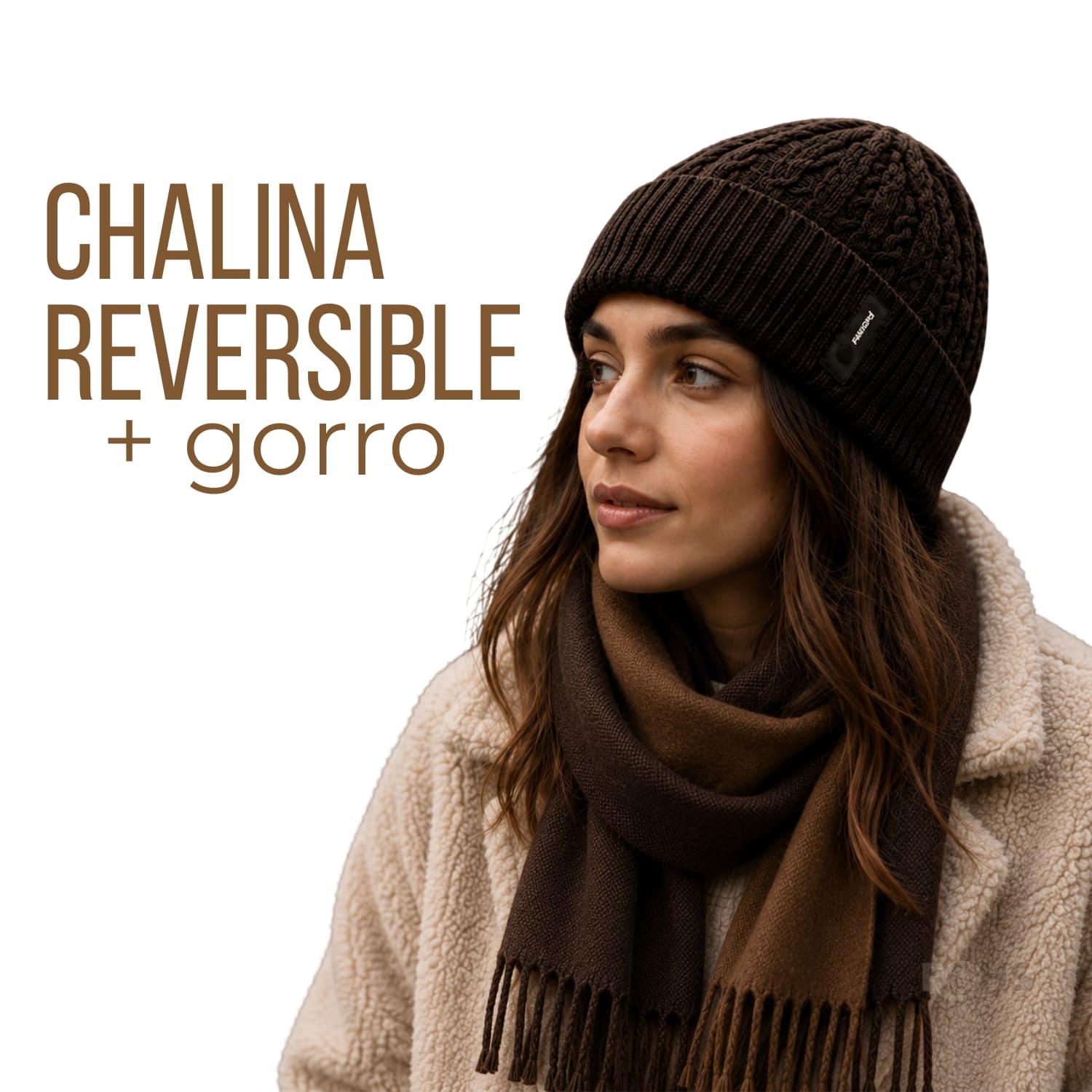DÚO CHALINA REVERSIBLE TONO MARRÓN Y MARRÓN CLARO Y GORRO TEJIDO TONO MARRÓN OSCURO - 1