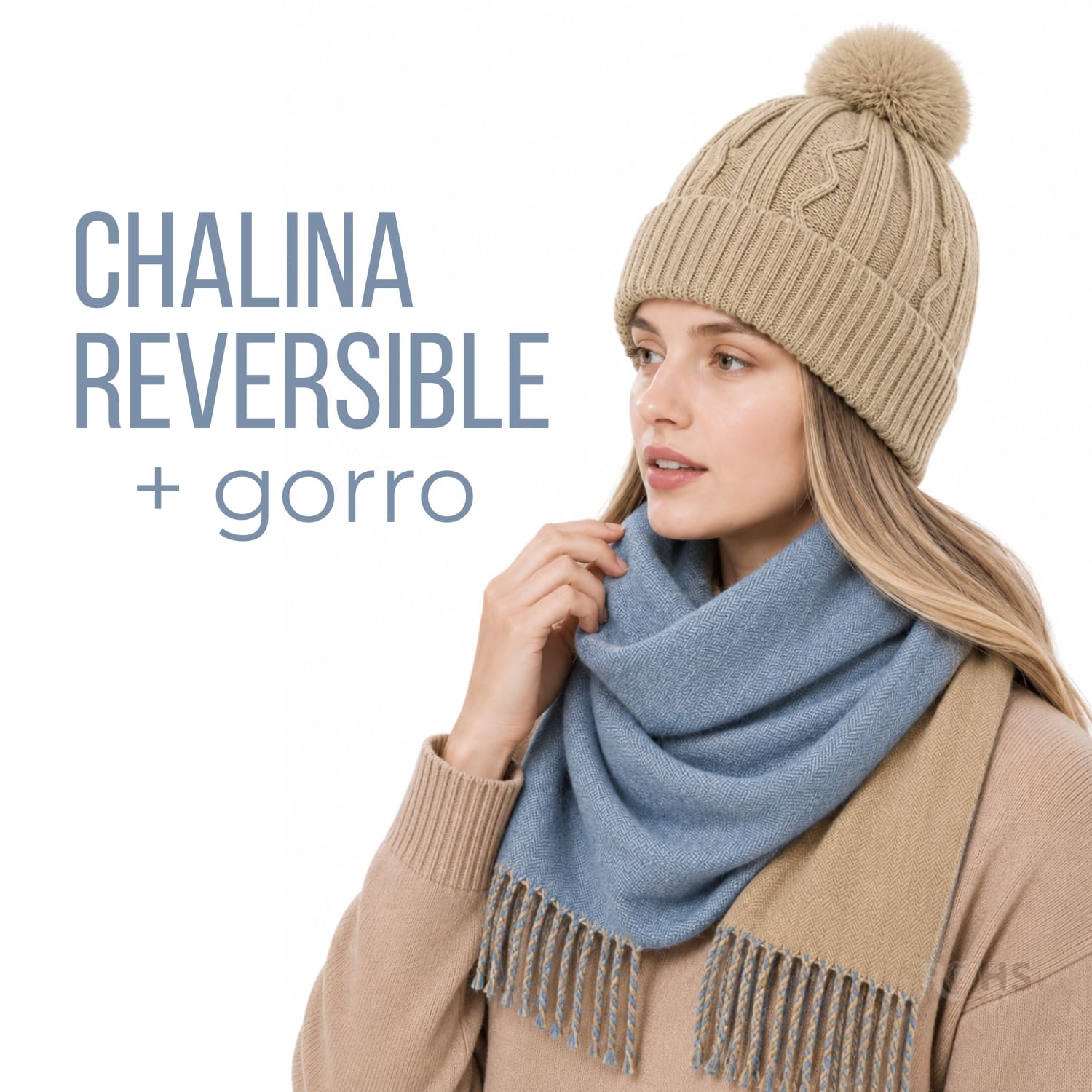 DÚO CHALINA REVERSIBLE TONO BEIGE Y AZUL CLARO Y GORRO TEJIDO CON POMPÓN TONO BEIGE - 1