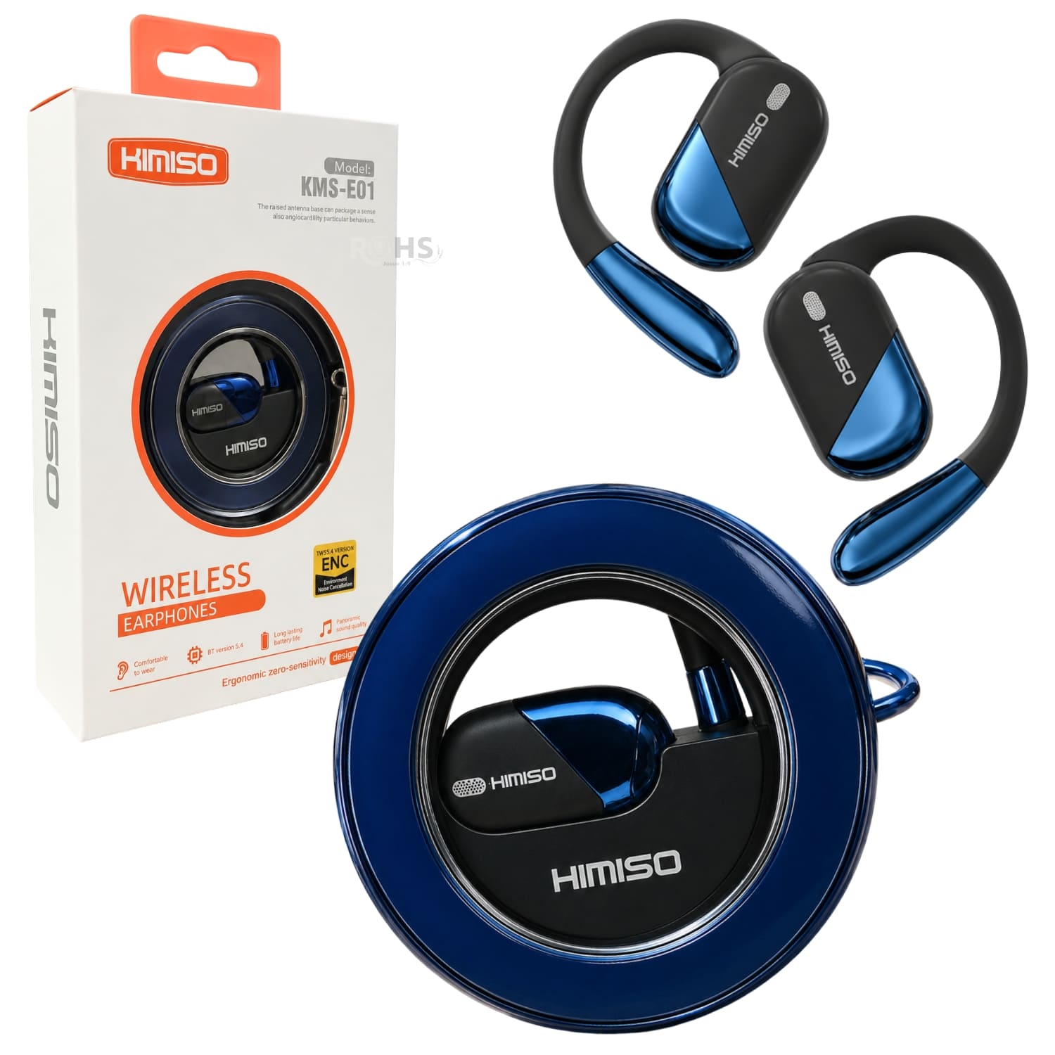 AUDÍFONOS BLUETOOTH KIMISO CON GANCHO PARA OREJA Y ESTUCHE RECARGABLE COLOR AZUL - 1