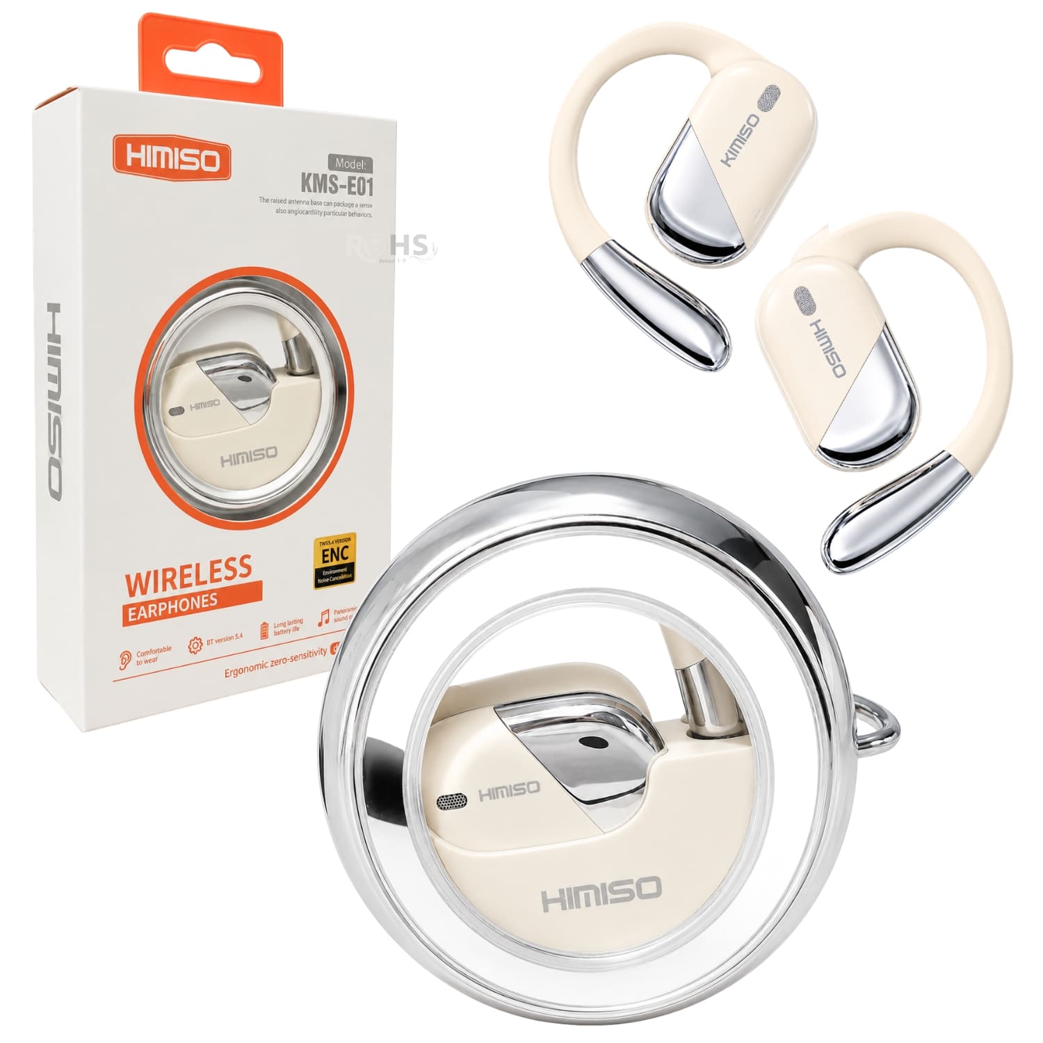 AUDÍFONOS BLUETOOTH KIMISO CON GANCHO PARA OREJA Y ESTUCHE RECARGABLE COLOR BLANCO - 1