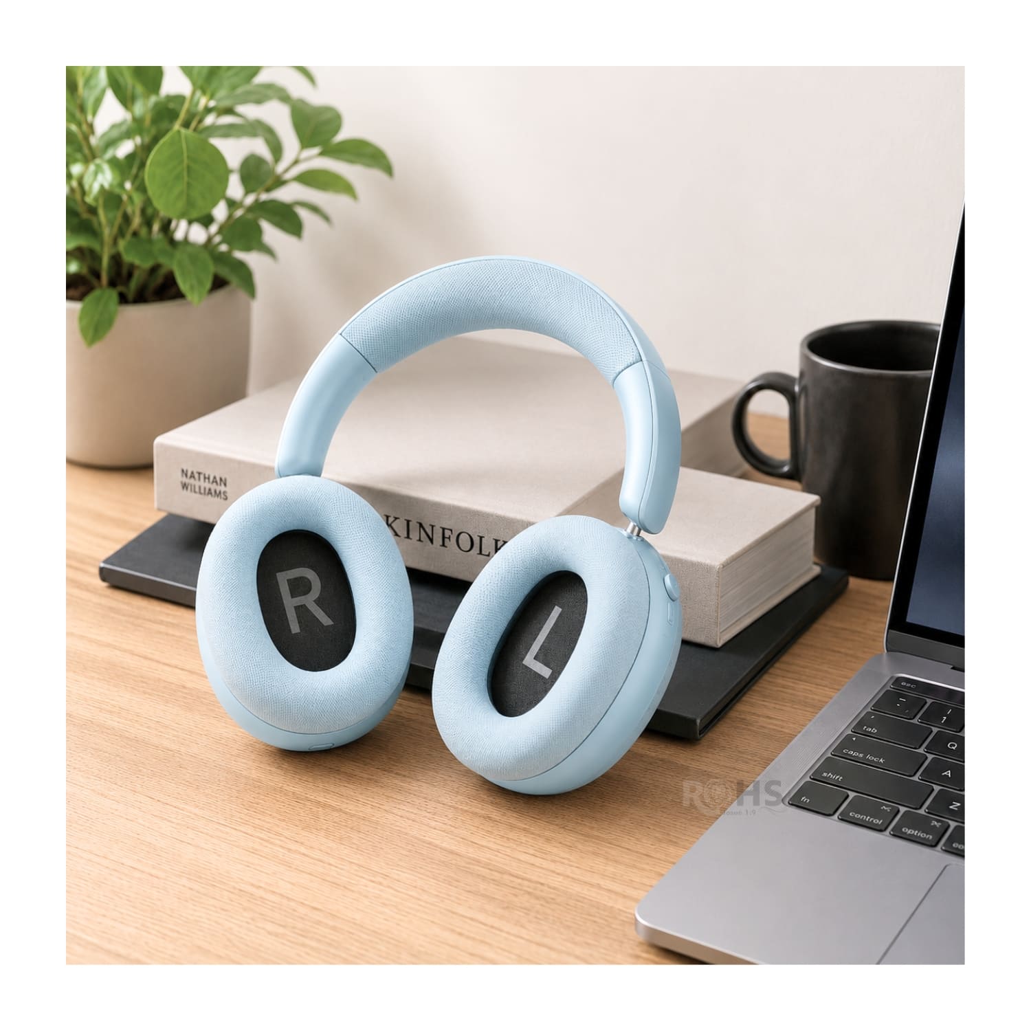 AUDÍFONOS BLUETOOTH KIMISO K601 COLOR CELESTE CON REDUCCIÓN DE RUIDO Y BLUETOOTH 5.4 - 7