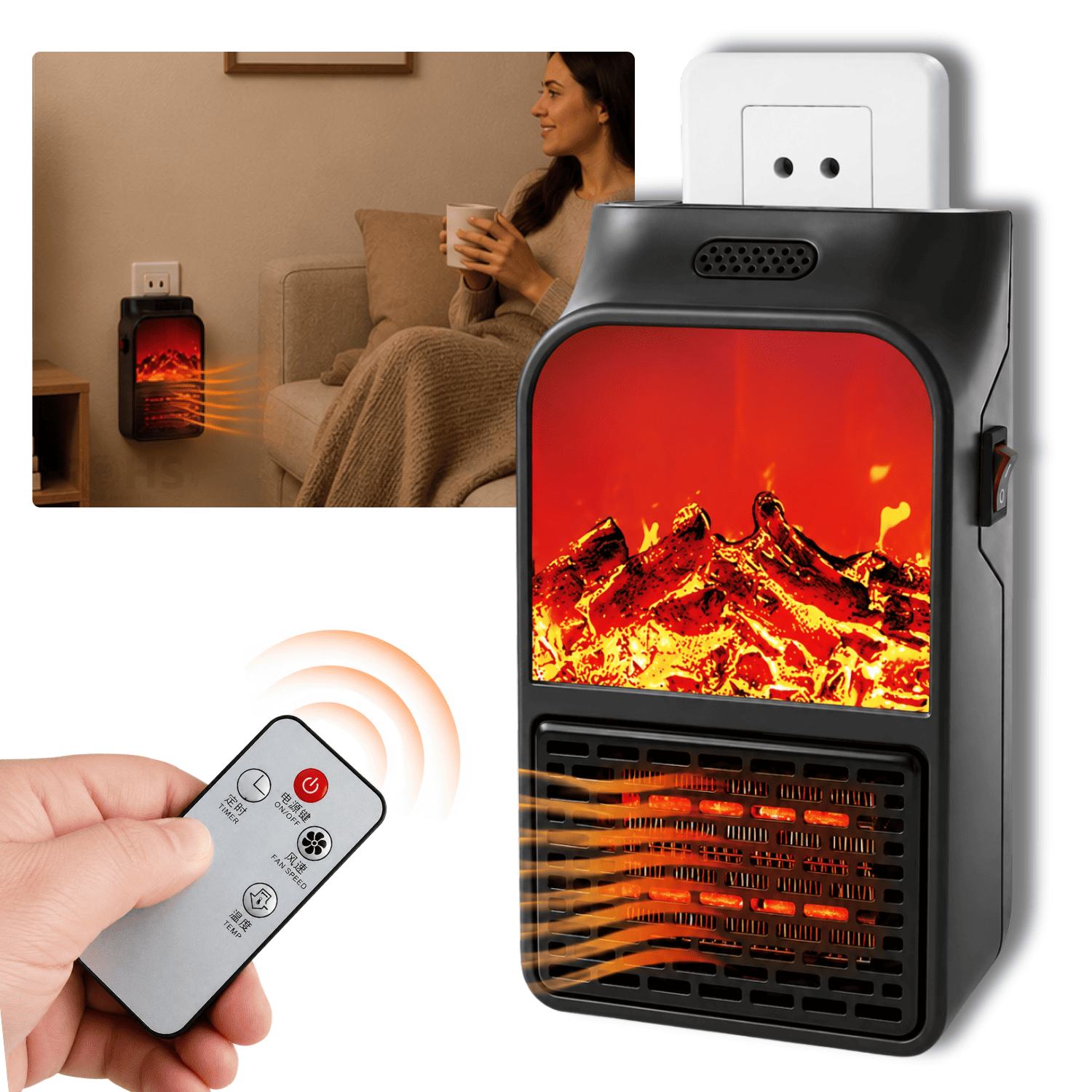 CALENTADOR ELÉCTRICO FLAME HEATER 1000W CON CONTROL REMOTO Y EFECTO CHIMENEA - 1