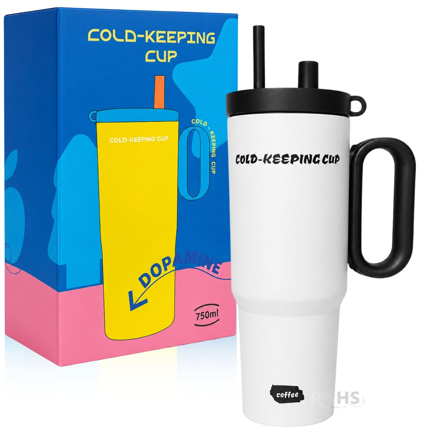 VASO TÉRMICO BLANCO DE ACERO INOXIDABLE CON ASA, SORBETE E INFUSOR - 1