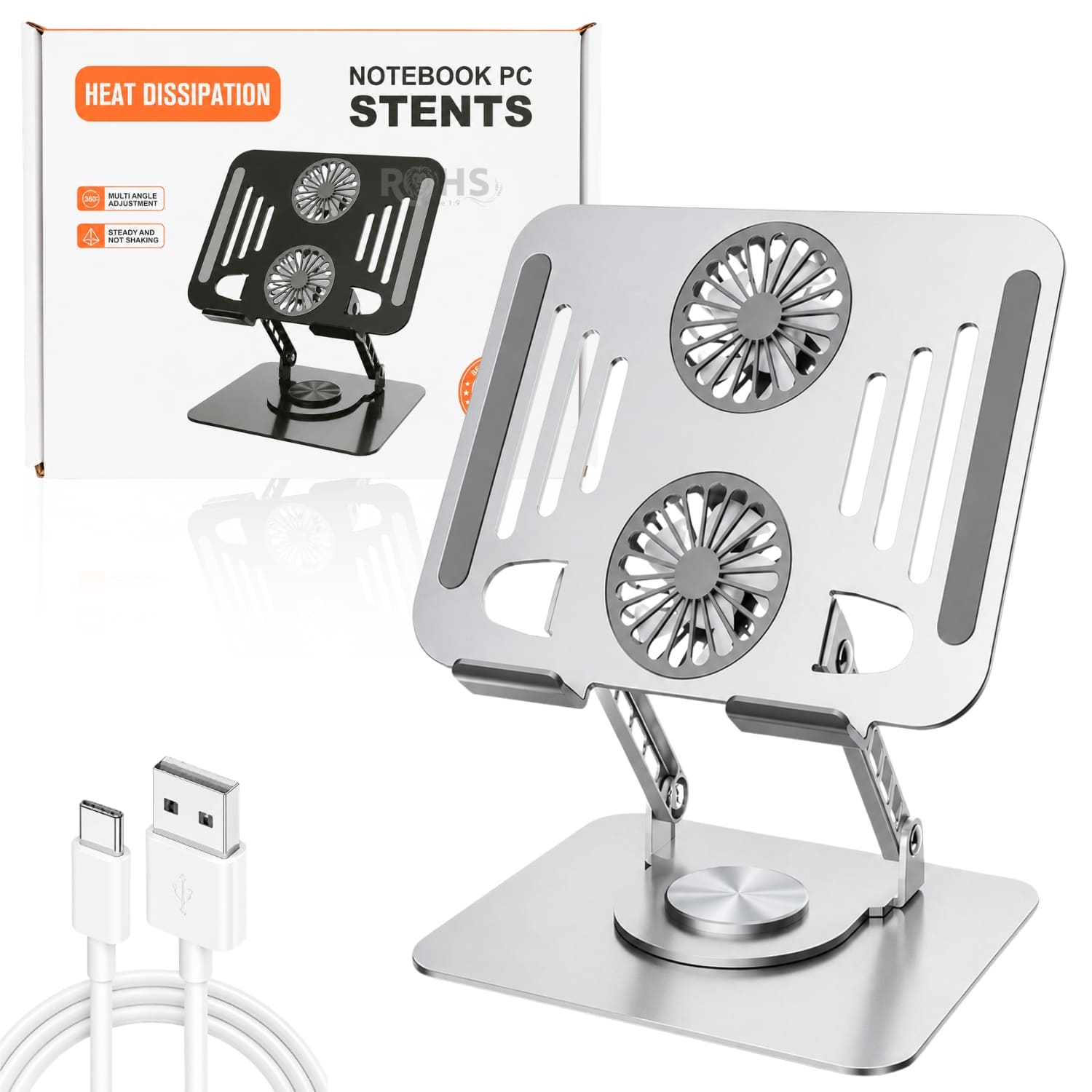 SOPORTE PLATEADO PARA LAPTOP DE ALUMINIO CON BASE GIRATORIA 360° - 1