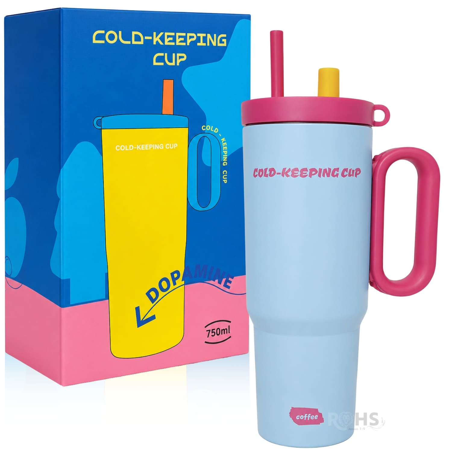 VASO TÉRMICO CELESTE Y ROSA DE ACERO INOXIDABLE CON ASA, SORBETE E INFUSOR - 1