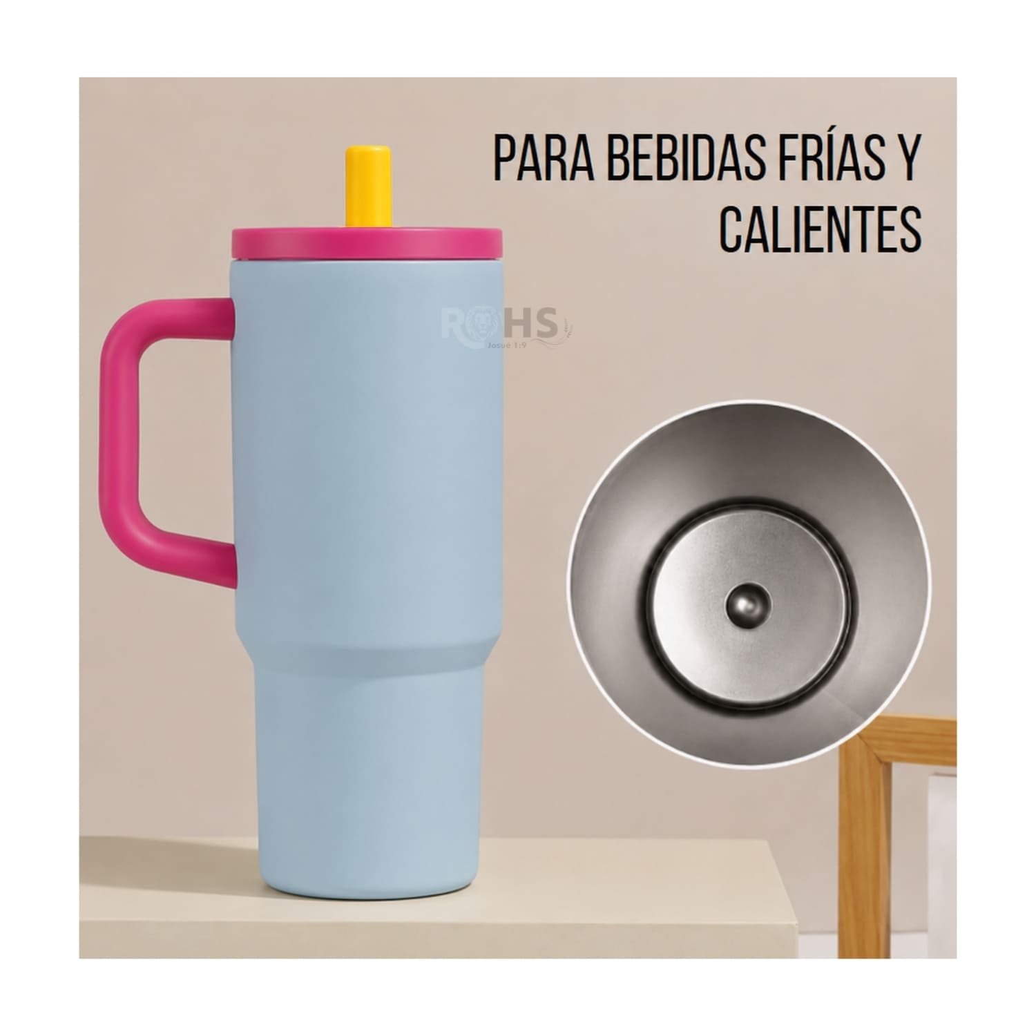 VASO TÉRMICO CELESTE Y ROSA DE ACERO INOXIDABLE CON ASA, SORBETE E INFUSOR - 4