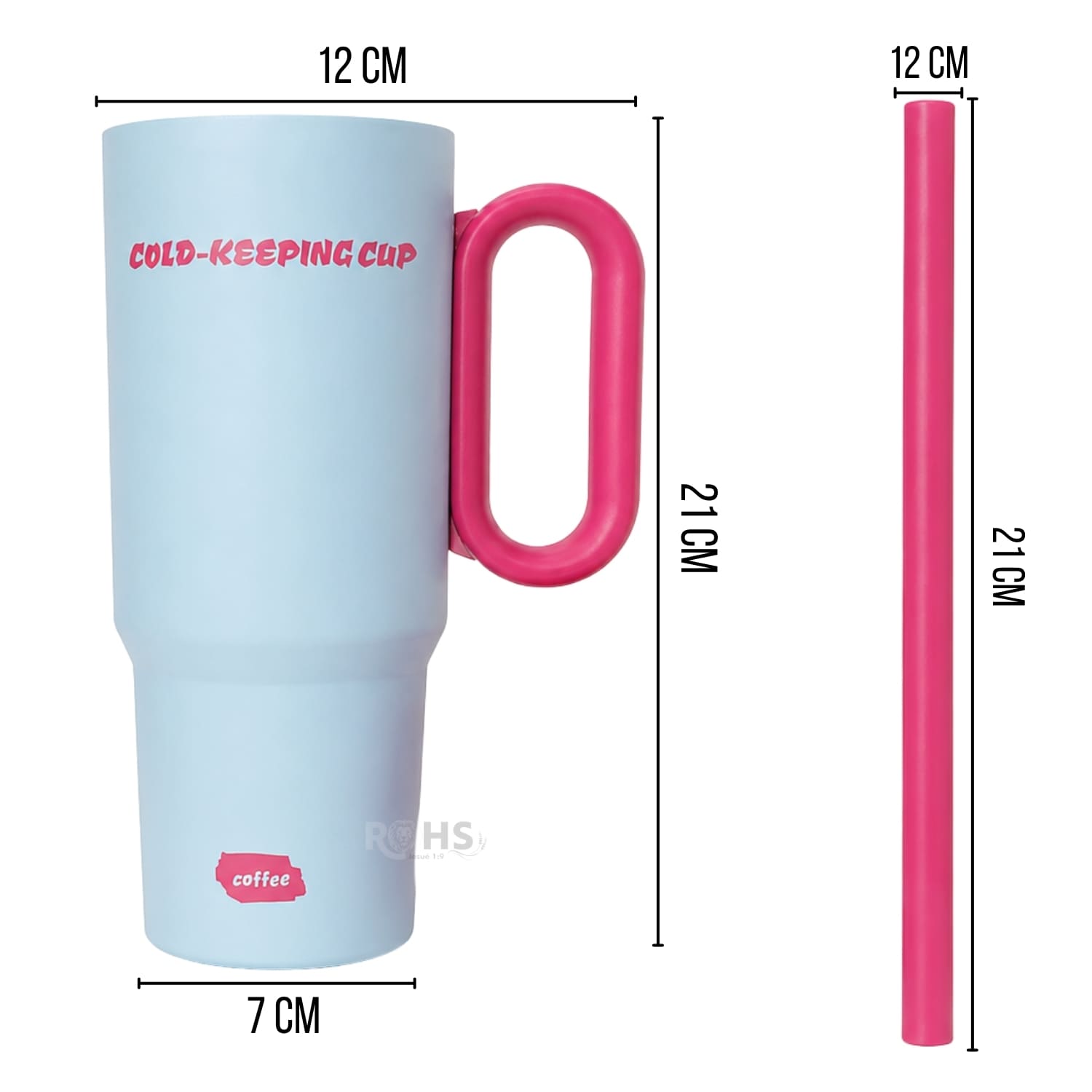 VASO TÉRMICO CELESTE Y ROSA DE ACERO INOXIDABLE CON ASA, SORBETE E INFUSOR - 5